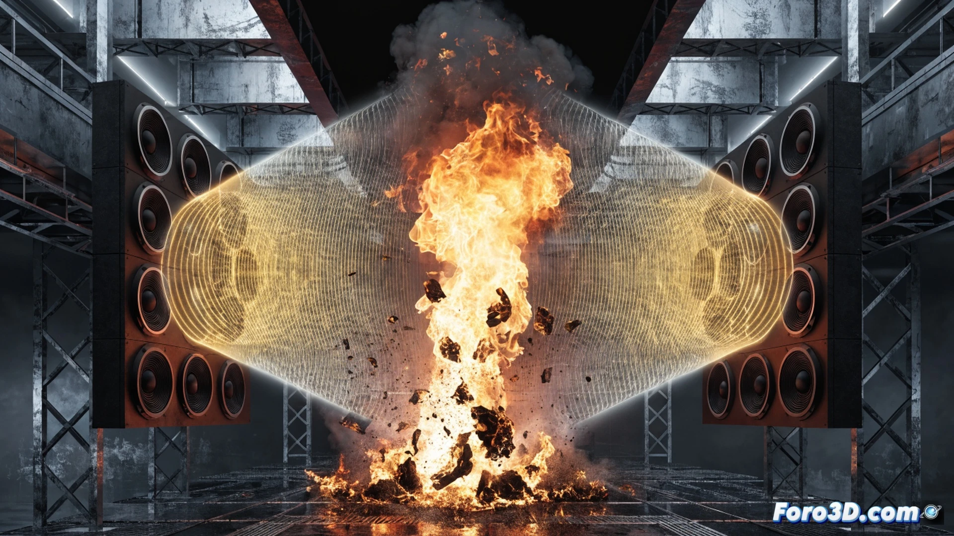 Low-frequency acoustic fire suppression device in action, large subwoofer speaker array aimed at a controlled flame on a metal test bench, visible sound waves as rippling air distortions disrupting the fire's oxygen supply, flames breaking apart and shrinking, oscilloscope displaying sine wave patterns beside the setup, clean lab environment with sound-dampening panels, cables connecting amplifier and waveform generator, no water or chemical residue, cinematic engineering visualization, photorealistic technical render, dramatic side lighting, dark industrial background, precise mechanical details on speaker cones and mounting brackets