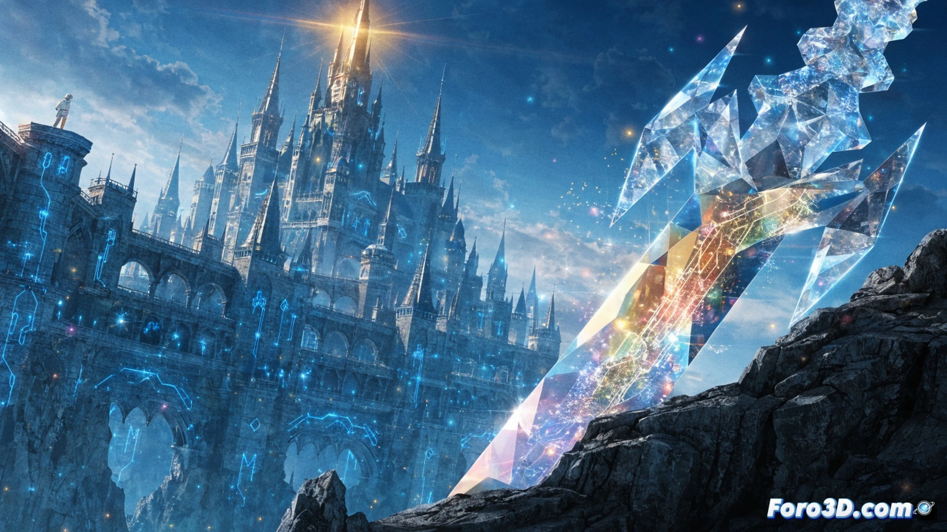Kirito y Asuna de pie frente a un portal digital flotante con forma de espada rota, mientras cronómetros virtuales muestran cuenta regresiva de 110 minutos, sus manos sostienen una caja de edición Ultimate con textura metálica y detalles de circuito, el portal emite partículas de luz azul que se transforman en líneas de código y fragmentos de datos, fondo de un mundo digital en construcción con castillos de Aincrad parcialmente renderizados, estilo cinematic anime-technical, iluminación dramática con destellos neón, partículas brillantes en primer plano, texturas de holograma y pixelado, render 3D fotorrealista con acabado de ilustración técnica