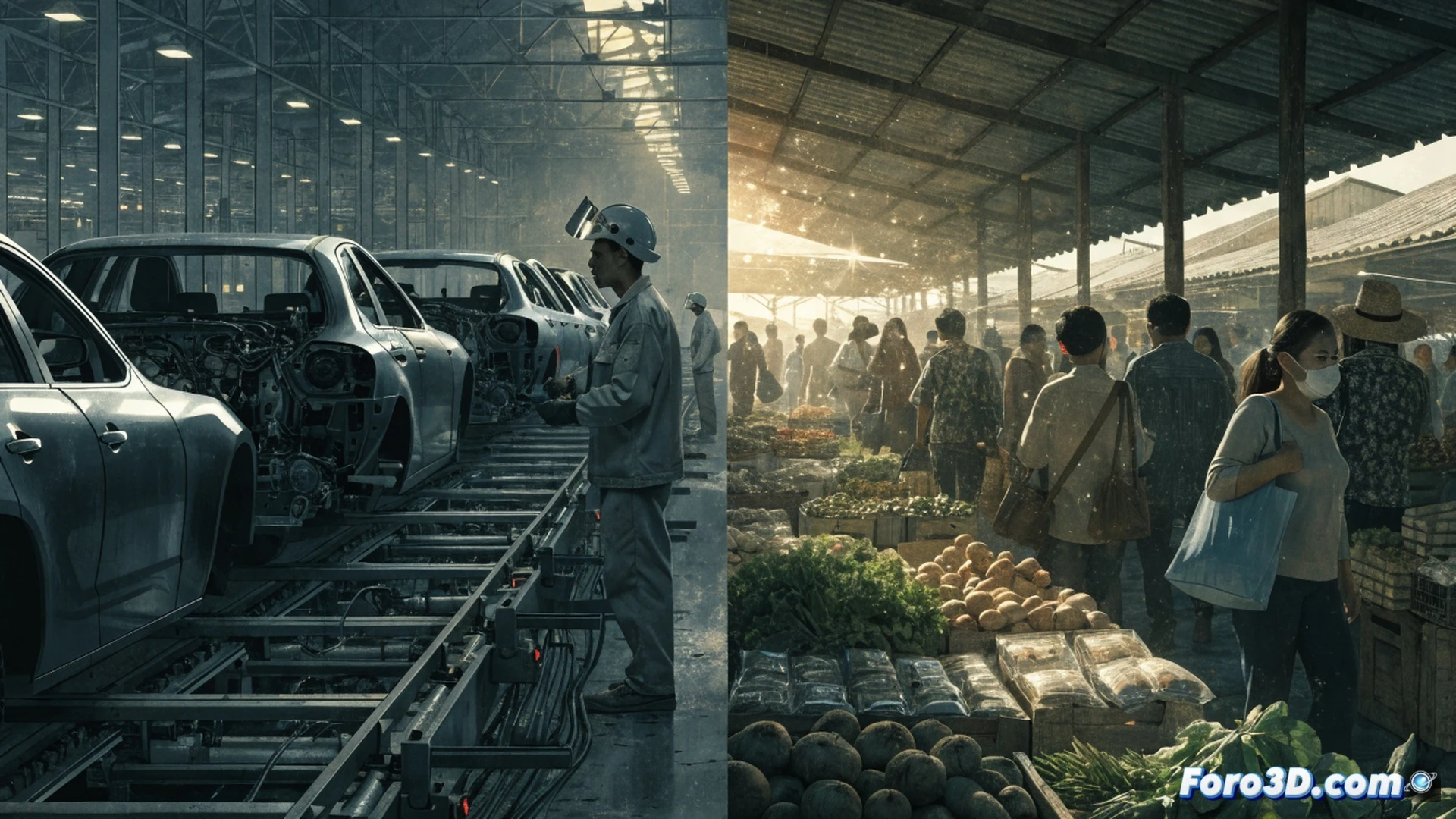 Thai factory interior during production slowdown, idle automotive assembly line with robotic arms paused mid-motion, dust particles floating in dim fluorescent light, workers walking away from silent conveyor belts, stacked unfinished car chassis, inflation charts glowing faintly on a distant monitor, cinematic photorealistic industrial scene, dramatic shadows, cold blue-gray color palette, visible wear on machinery, tension in the atmosphere, ultra-detailed mechanical components