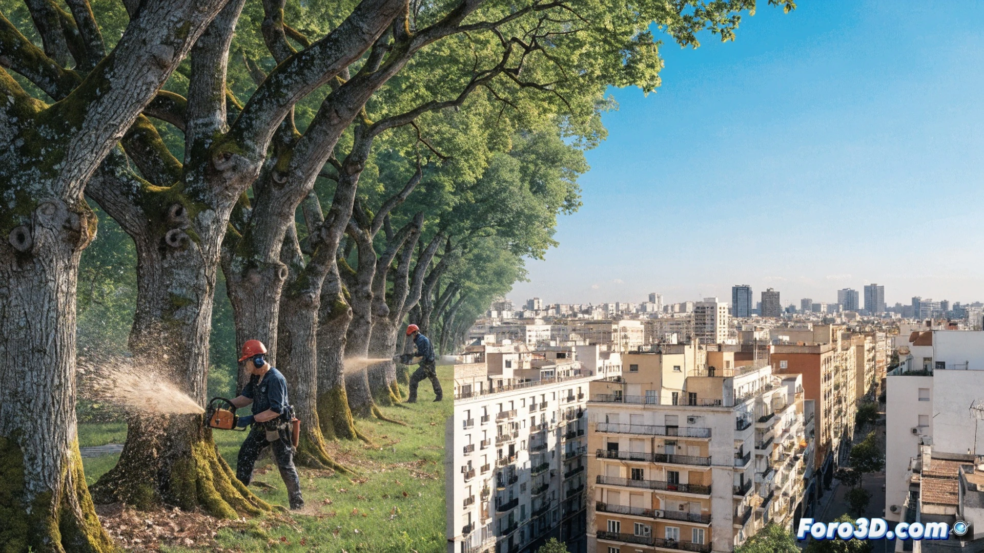 Photorealistic urban scene in a Madrid southern district, rows of mature trees being marked for removal with red spray paint by workers in orange vests, chainsaws resting against trunks, empty playground and benches in intense midday heat, long shadows disappearing from cracked asphalt, distant silhouette of city hall buildings, hazy sky with heatwaves distorting air, technical documentation clipboard visible, dramatic contrast between green canopy and barren concrete, cinematic lighting emphasizing loss of shade, ultra-detailed bark textures and urban infrastructure