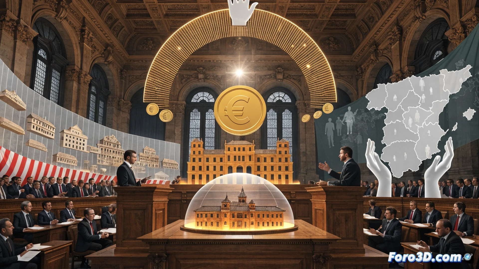photorealistic technical illustration of a city council budget approval process, a large municipal budget document with 90.2 million euros prominently displayed on a digital tablet, mayor and council members reviewing financial charts on a holographic screen, glowing green upward trend lines for social spending and employment, street cleaning vehicles and police patrol cars visible through a glass window behind them, modern city hall meeting room with blue LED lighting, clean minimalist design, high-contrast cinematic lighting, ultra-detailed textures on paperwork and electronic devices, wide-angle lens perspective showing action of signing and approving