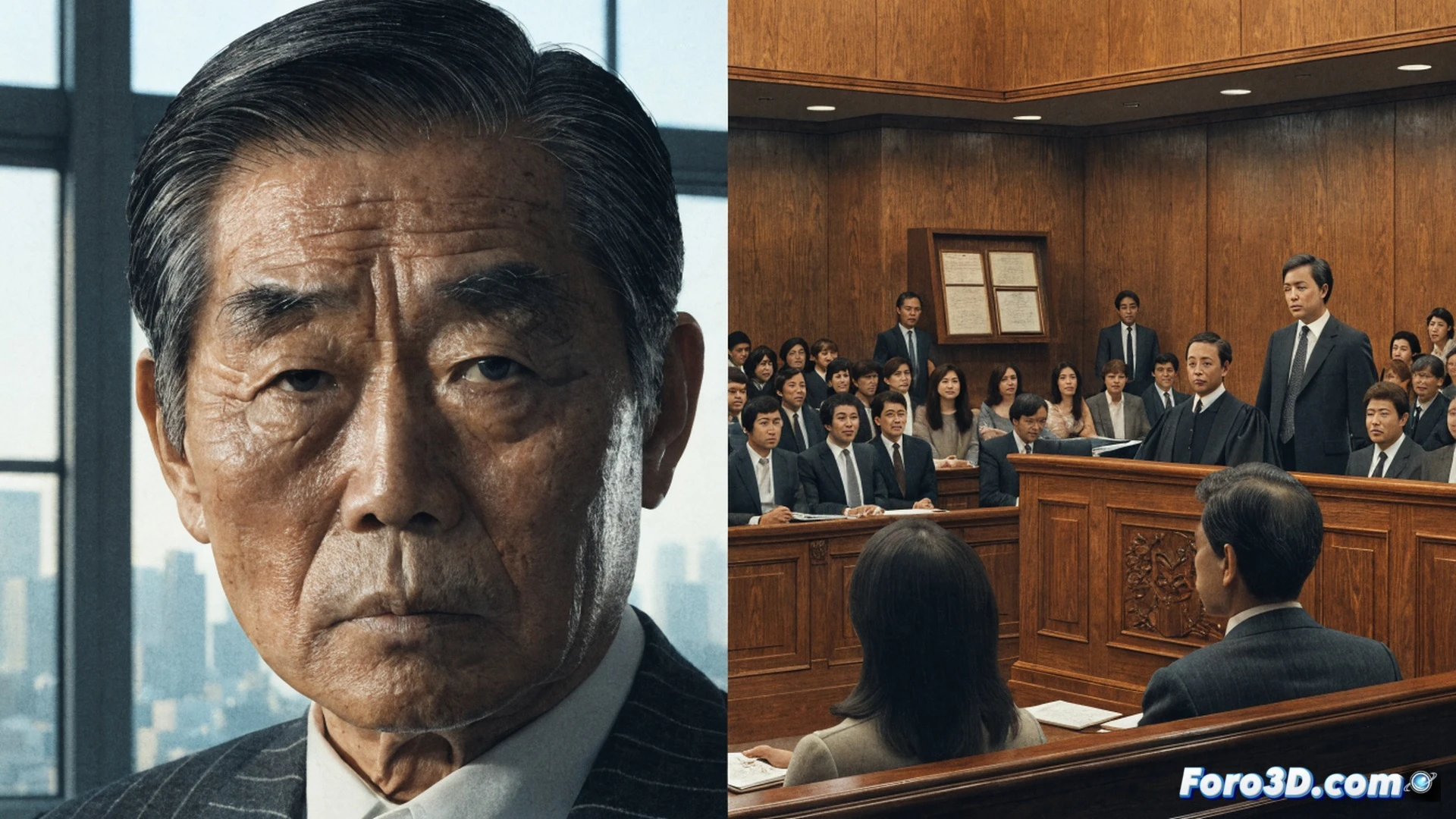 Japanese political corruption scandal scene, former prime minister being escorted by officials in a formal government building corridor, handcuffs visible on wrists, briefcase with Lockheed logo emblem open on a desk showing stacks of yen banknotes, courtroom gavel striking a sound block, document papers scattered with financial charts and tax forms, dramatic chiaroscuro lighting from overhead fluorescent panels, photorealistic cinematic style, 1970s Japanese bureaucratic interior, mahogany wood paneling, stern faces of prosecutors in dark suits, shallow depth of field focusing on the handcuffs and documents, ultra-detailed fabric textures on suits, cold blue-gray color palette with warm amber accents from desk lamps