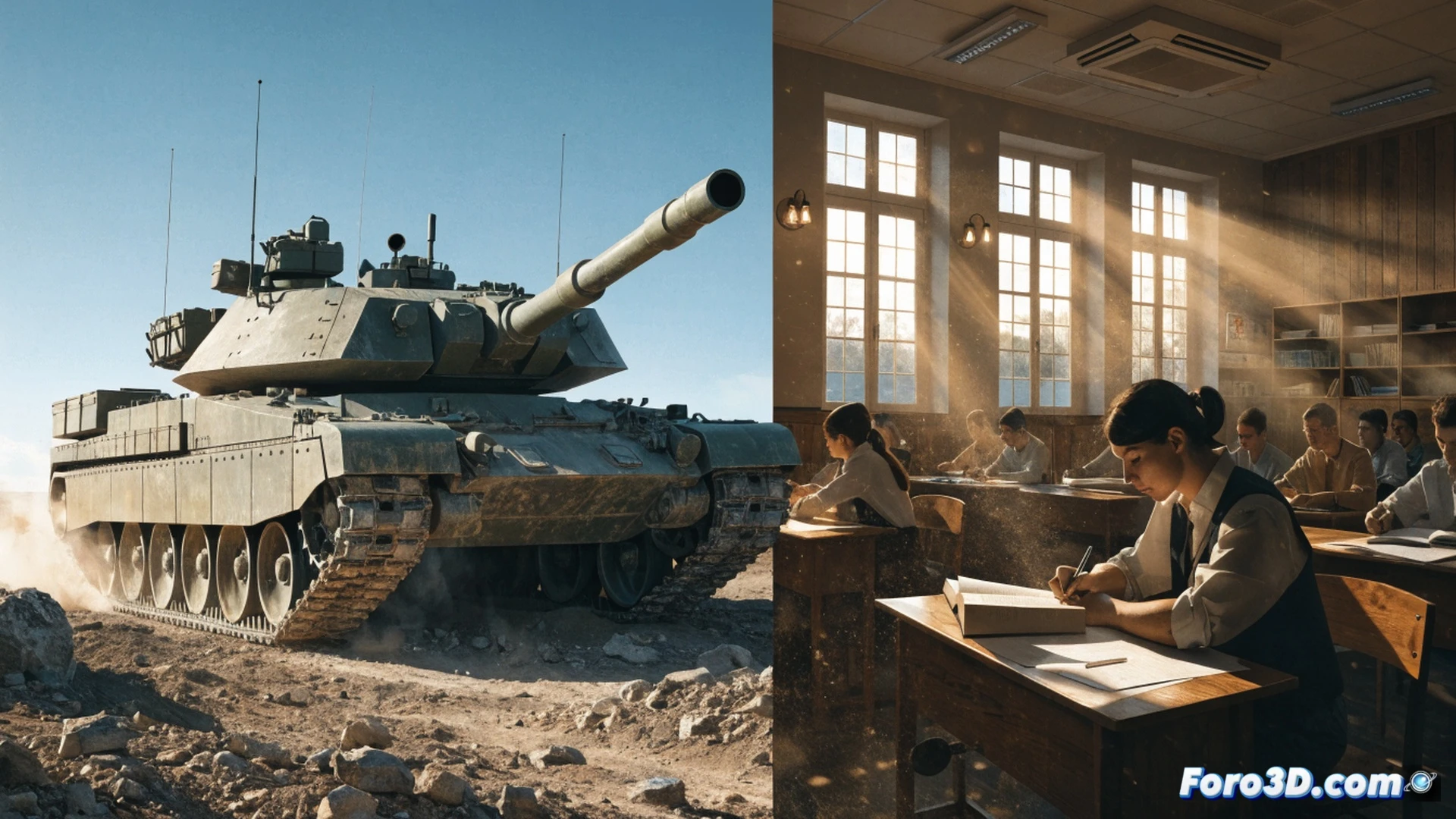 Photorealistic engineering visualization of a Leopard 2E tank parked on cracked asphalt beside a primary school playground, children playing in background, tank turret partially disassembled revealing complex hydraulic components and optical targeting systems, a hospital gurney and empty school desks placed on the tank hull as contrasting elements, bright daylight contrasting shadows, dramatic industrial lighting, ultra-detailed metal textures, rust and dust on tracks, photorealistic technical render, cinematic composition demonstrating resource allocation conflict