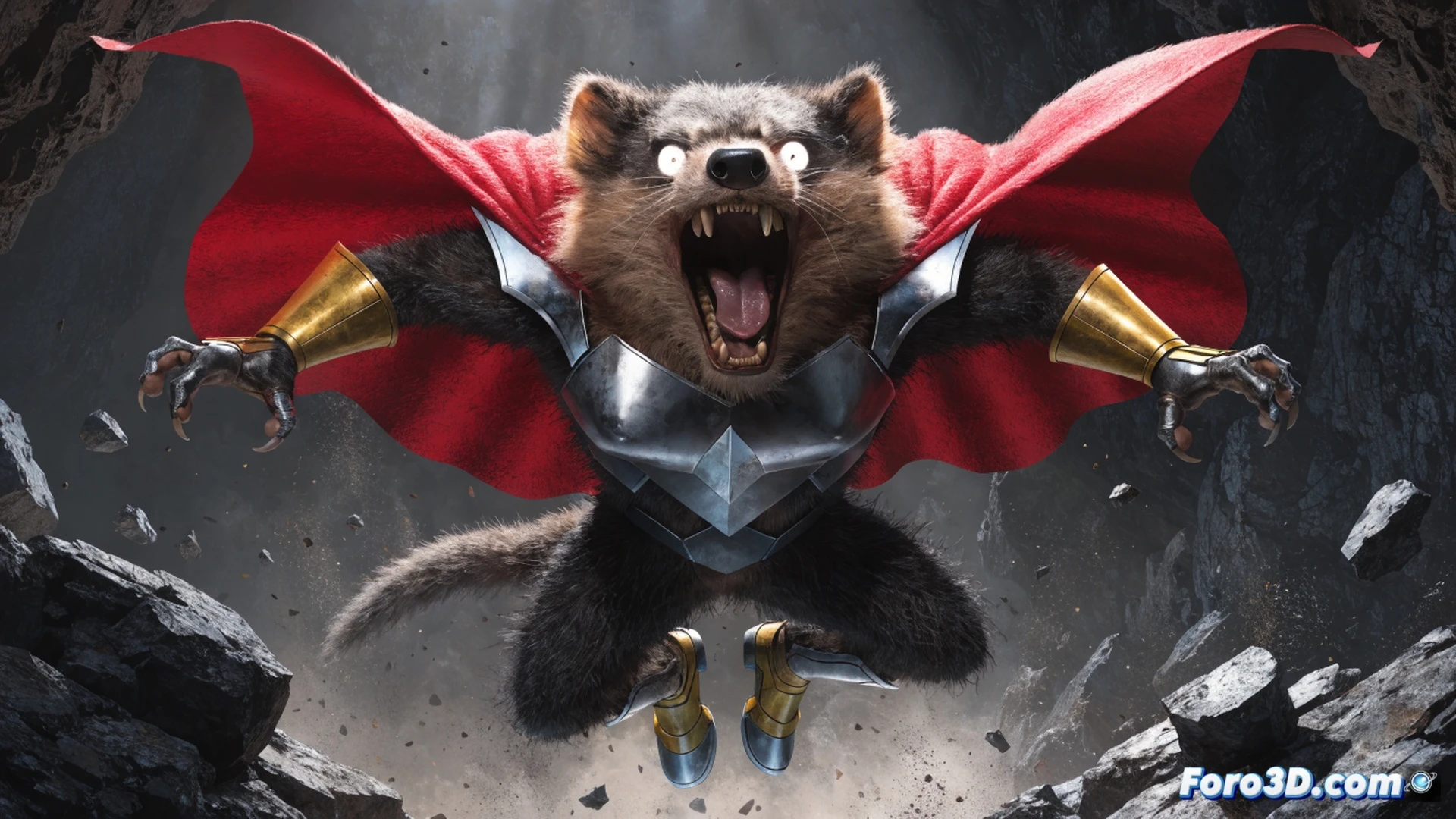 Tasmanian Devil character in mid-leap action pose, muscular orange-furred humanoid with striped back and sharp claws, demonstrating superhuman strength while tearing through a metallic steel door, broken hinges and twisted metal fragments flying outward, laboratory setting with exposed circuit boards and sparking electrical panels behind him, dramatic dynamic lighting casting long shadows, dust particles suspended in air, cinematic superhero illustration style, high contrast shadows on fur texture, photorealistic comic book render, detailed musculature and fabric wrinkles, intense action scene with motion blur on debris trails