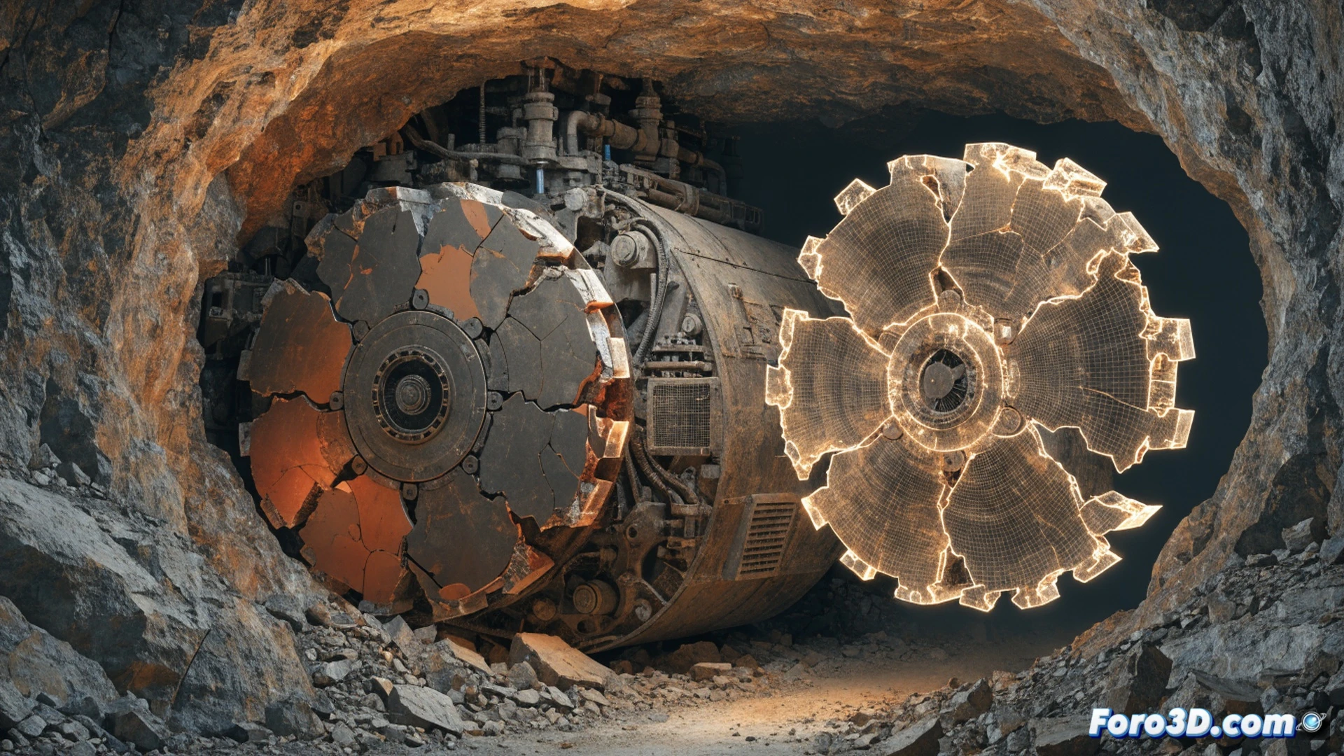 tunnel boring machine cutterhead stalled in abrasive rock mass, thermal fatigue cracks spreading across multiple disc cutters, red-hot fractured steel surfaces glowing from friction, broken cutter rings scattered on tunnel floor, Artec 3D scanner mounted on tripod capturing damaged cutter geometry, laptop screen showing FLAC3D numerical model visualization, dust particles suspended in humid tunnel air, harsh LED work lights casting sharp shadows, photorealistic engineering visualization with ultra-detailed rock textures and metallic wear patterns, cinematic industrial lighting emphasizing heat damage and structural failure