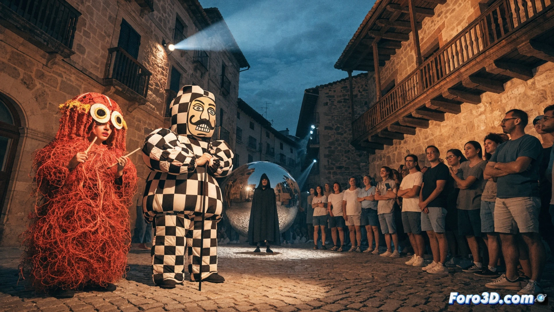 Familias sentadas en sillas plegables sobre adoquines iluminados por faroles cálidos, actores en escena realizando un salto acrobático sincronizado mientras sostienen máscaras plateadas reflectantes, focos de teatro portátiles montados en trípodes metálicos proyectando haces nítidos sobre el grupo, altavoces de escenario con rejillas negras visibles en los bordes, noche estrellada de verano, público diverso aplaudiendo, estilo cinematográfico realista, iluminación dramática con sombras profundas, textura rugosa del suelo de piedra, profundidad de campo suave, photorealistic technical render
