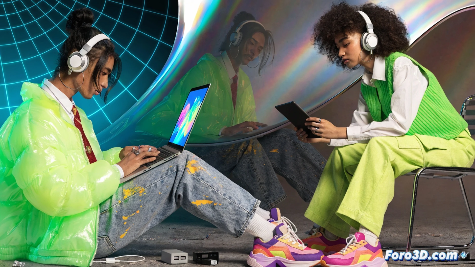 college student in a bright dorm room using a lightweight laptop while a tablet displays lecture notes, noise-cancelling headphones around neck, smartphone showing a calendar app with class and break times, Apple and Samsung discount icons floating near devices as holographic tags, organised desk with power bank and stylus, soft natural light from window, photorealistic technical illustration, clean modern aesthetic, focused action of multitasking during study session