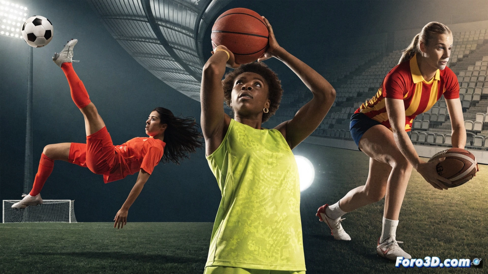 wide-angle shot of female athletes in motion across a multi-sport scene, a football player kicking a ball, a basketball player mid-dunk, and a rugby player sprinting, all wearing blue and white team kits with a vending machine in the background displaying a Teika logo, bright stadium floodlights, dynamic action poses, grass and court textures, photorealistic sports photography, high contrast, motion blur on limbs, sweat droplets visible, dramatic cinematic lighting, realistic crowd silhouettes in the stands, technical sports visualization