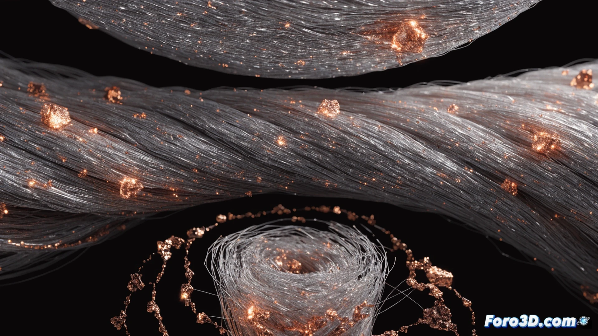 photorealistic technical illustration of hospital bed sheet fabric cross-section at atomic scale, copper nanoparticles embedded directly within textile fibers glowing with metallic sheen, bacteria and virus particles disintegrating upon contact with the fabric surface during continuous antimicrobial action, electron microscope style rendering, fiber strands interwoven with precise atomic copper clusters, dramatic dark background with bright copper highlights, detailed microscopic textures, clean clinical lighting, ultra-realistic material visualization