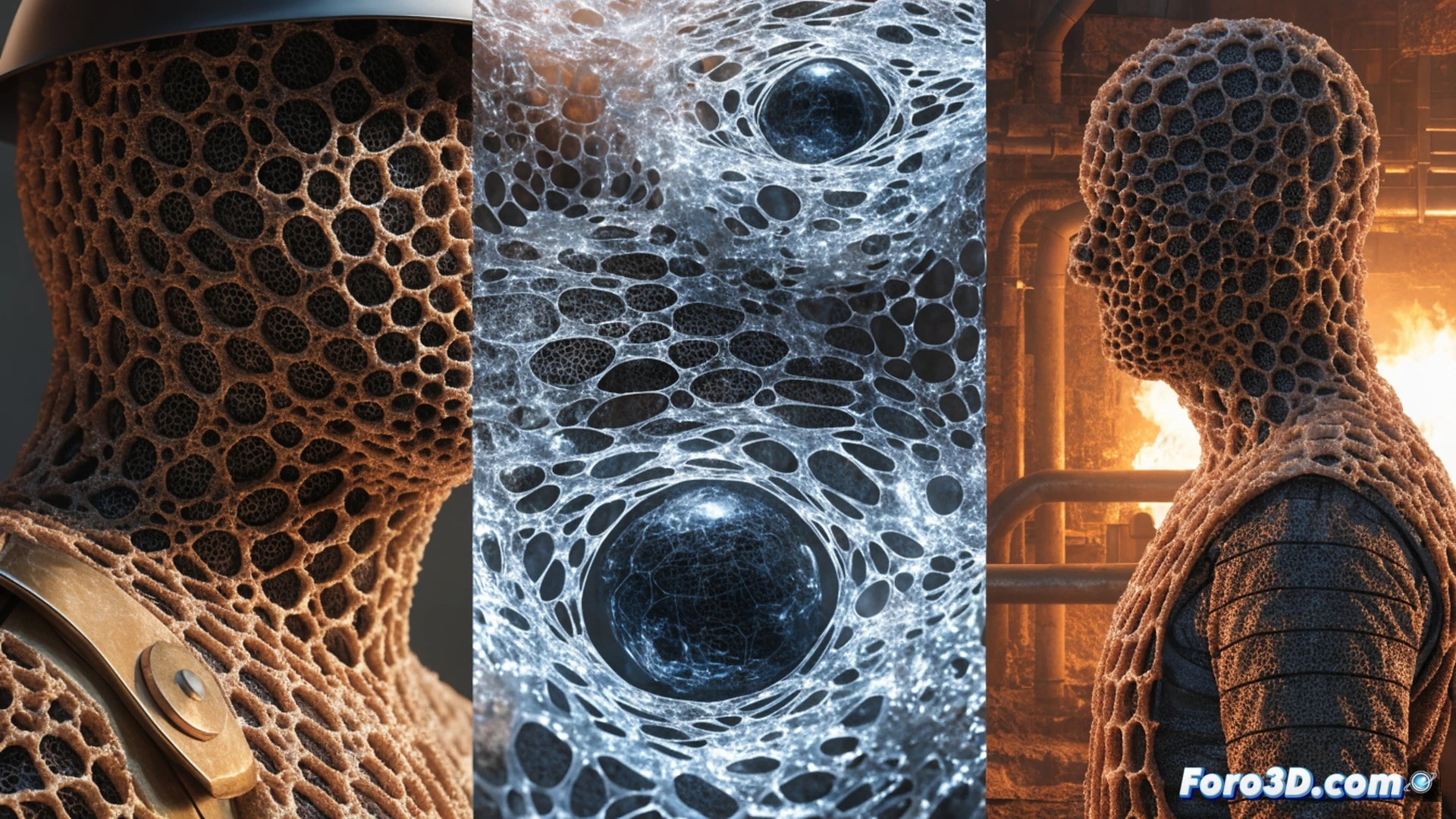 industrial worker in heat-resistant aramid fabric suit, microscopic cross-section showing honeycomb alveolar fibers trapping tiny air pockets, glowing orange heat source approaching from left side, thermal energy being deflected and slowed through layered textile structure, worker moving freely while holding a metal pipe, technical engineering visualization, photorealistic textile detail, dramatic warm lighting contrasting cool blue protective layer, ultra-detailed fiber weave, cinematic industrial safety render