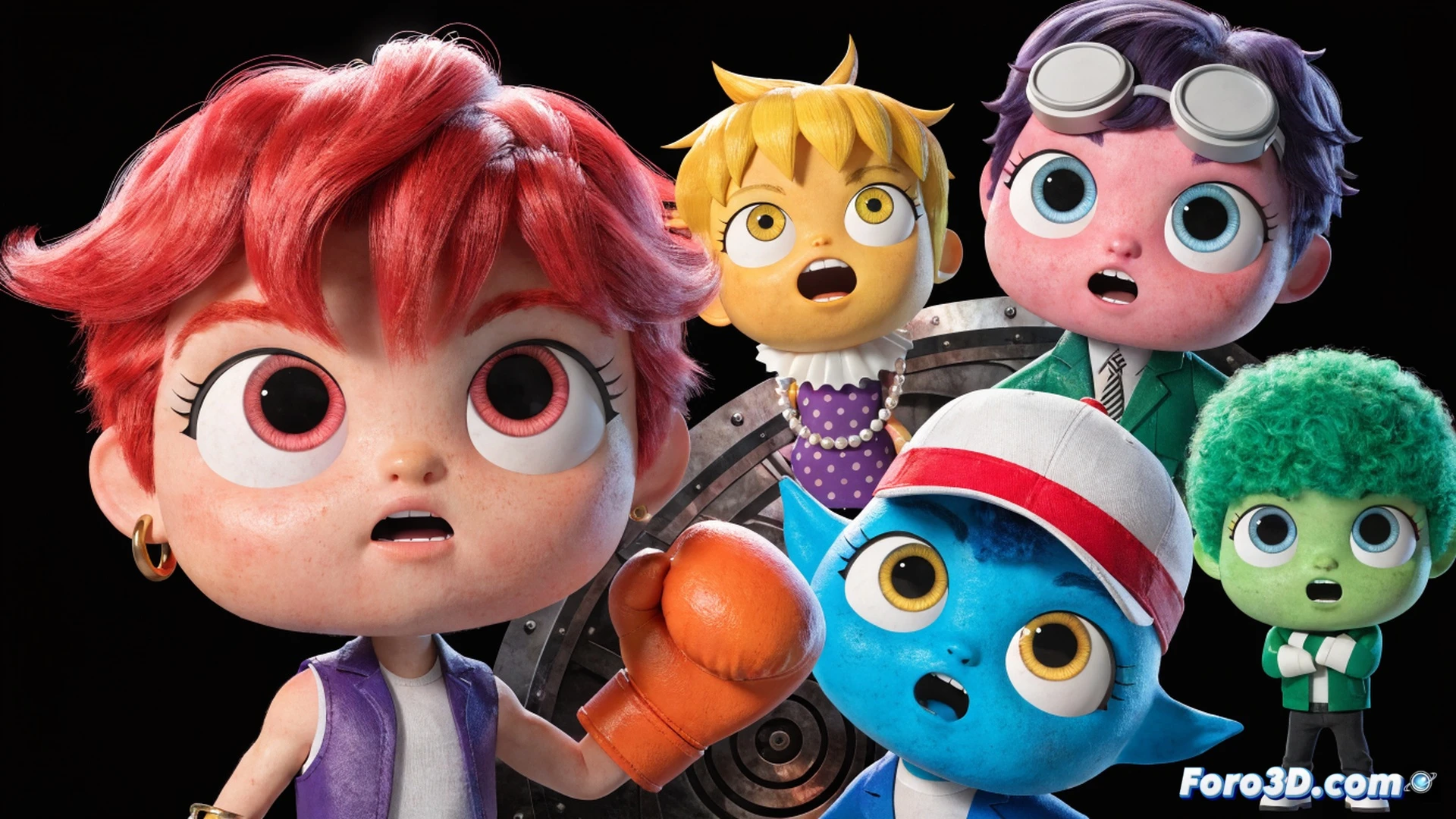 Tekken fight scene transformed into colorful cartoon style, young Jin Kazama and Panda character in playful combat pose, glowing energy effects replaced by sparkly confetti, game console controller with colorful buttons in foreground, 3D modeling software interface visible on monitor showing character rigging, cinematic animation style, bright pastel lighting, exaggerated comedic action with characters mid-punch while smiling, childlike toy-like props scattered around, technical illustration aesthetic, clean vector-like outlines, soft shadows, playful motion blur, saturated palette, ultra-detailed textures on metallic arcade cabinet in background