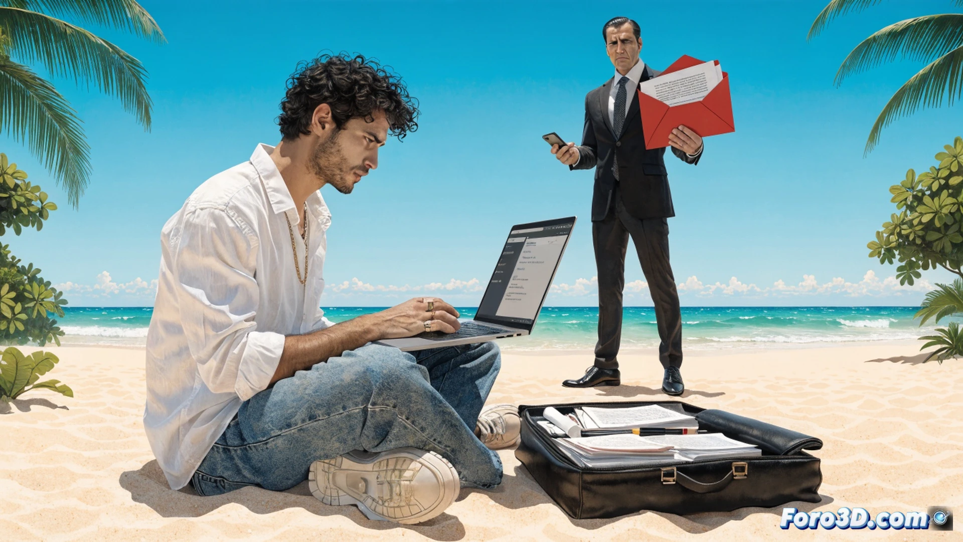 photorealistic scene of a beachside laptop on a sunlit towel, smartphone showing a termination email notification, coffee cup with condensation, office chair half-buried in sand, legal document with a red rejection stamp floating in wind, dramatic ocean waves in background, cinematic lighting with harsh midday sun casting sharp shadows, technical illustration style, ultra-detailed sand grains and screen reflections, action of a hand reaching to close the laptop while a warning popup glows on screen, demonstrating the moment of disciplinary risk