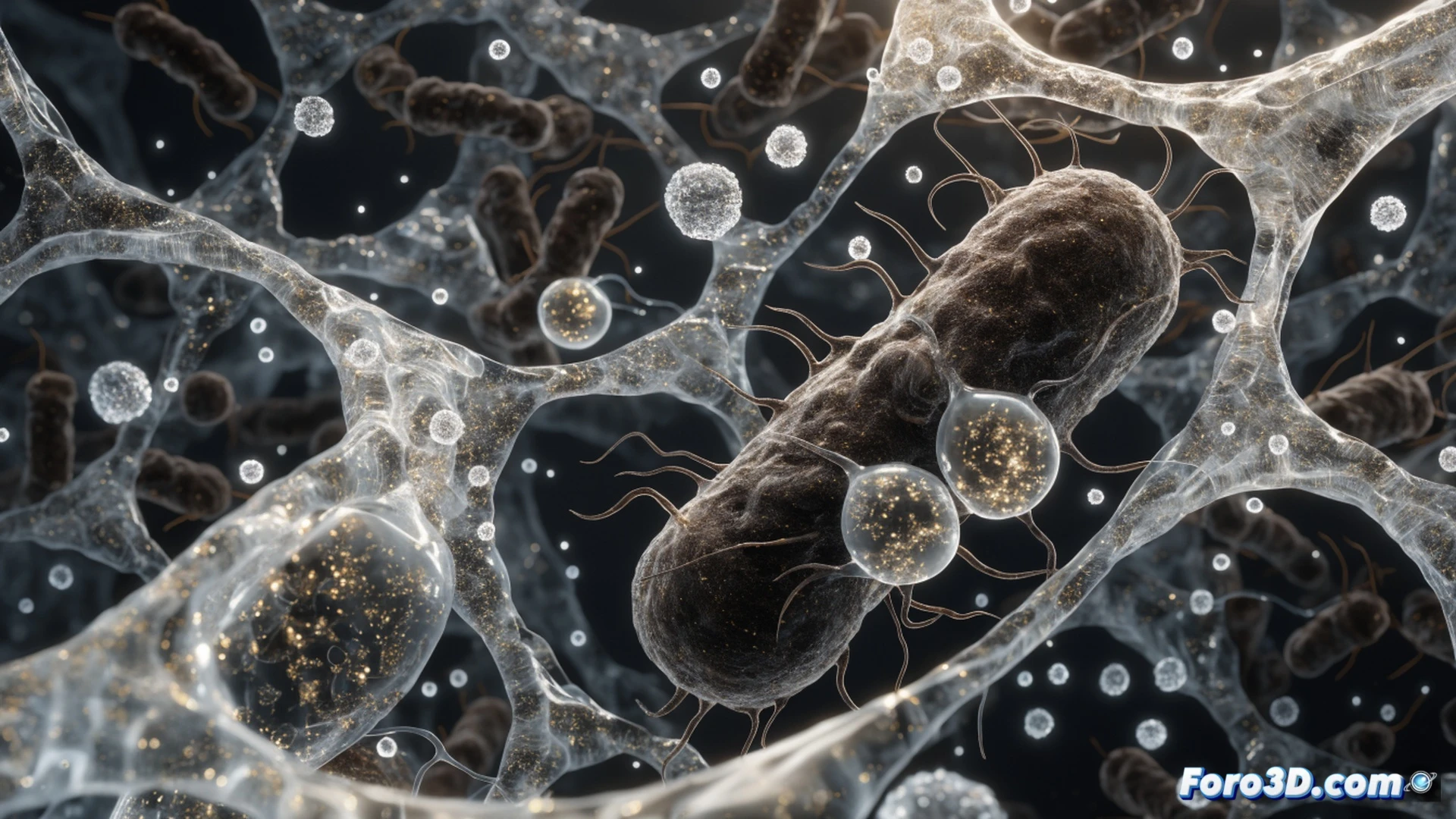 3D medical illustration of bacteriophages attacking antibiotic-resistant bacteria on a petri dish surface, glowing phage particles injecting DNA into bacterial cell walls, bacterial membranes rupturing and collapsing, petri dish with agar gel texture, laboratory pipette tip releasing phage solution in background, cinematic biological visualization, dark blue microscopic environment, dramatic side lighting highlighting the infection process, realistic cellular structures, high-contrast teal and amber colors, photorealistic scientific render