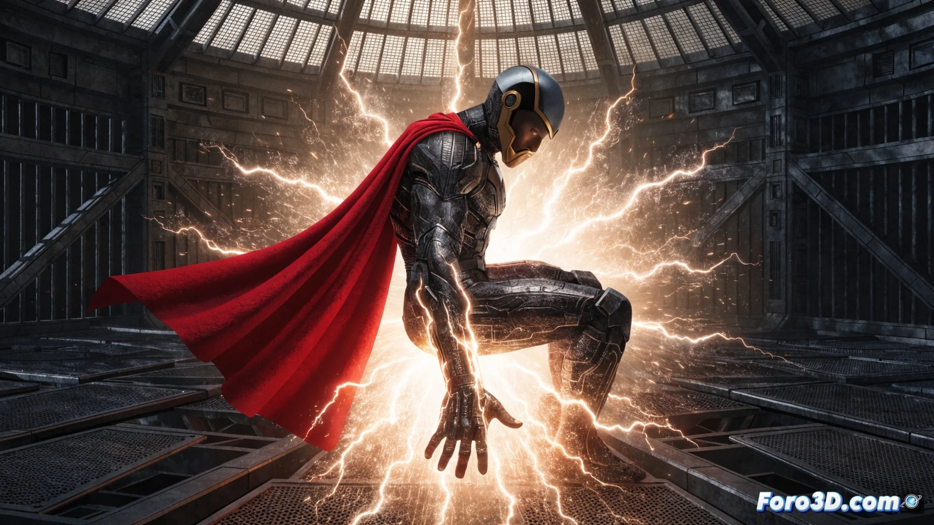 Solar-powered metahuman Joshua Clay in Teen Titans uniform, standing in a dark prison cell, hands crackling with absorbed yellow-orange energy, a broken containment suit on the floor nearby, glowing solar veins visible on his arms, cinematic comic book style, dramatic side lighting casting long shadows, metallic cell bars reflecting energy bursts, photorealistic illustration, high contrast shadows, gritty texture, showing his power discharge while trapped, no text or numbers.
