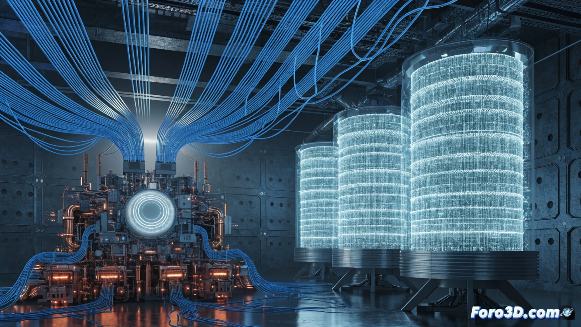 TeraWulf data center transformation, bitcoin mining rigs being physically disconnected from power racks while Anthropic AI server blades are installed in adjacent rows, cooling pipes rerouted during the infrastructure shift, glowing blue AI processor arrays contrasting with dark mining ASICs, workers in anti-static suits handling high-density GPU clusters, stock ticker screens in background showing green upward trend, dramatic industrial lighting with cyan and amber tones, cinematic photorealistic engineering visualization, electrical conduits and fiber optic cables being reorganized, ultra-detailed server hardware and cooling systems