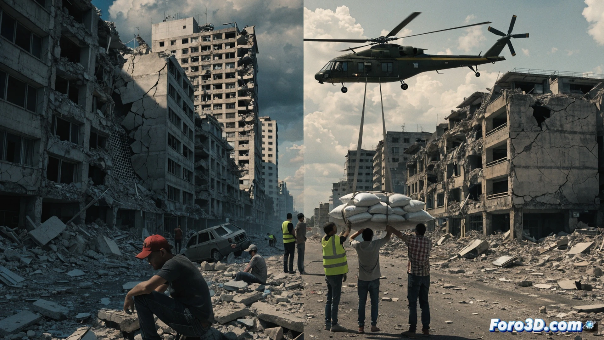 collapsed concrete building facade in Caracas, rescue workers using hydraulic spreaders and cutting torches on twisted rebar, US Marine Corps helicopter hovering low dropping aid pallets, crowd of civilians reaching upward with empty hands, dust clouds rising, broken water pipes spraying, technical rescue scene, cinematic photorealistic style, dramatic low-angle sunlight, debris scattered on wet ground, high-contrast shadows, ultra-detailed textures on machinery and rubble, wide-angle composition showing scale of destruction
