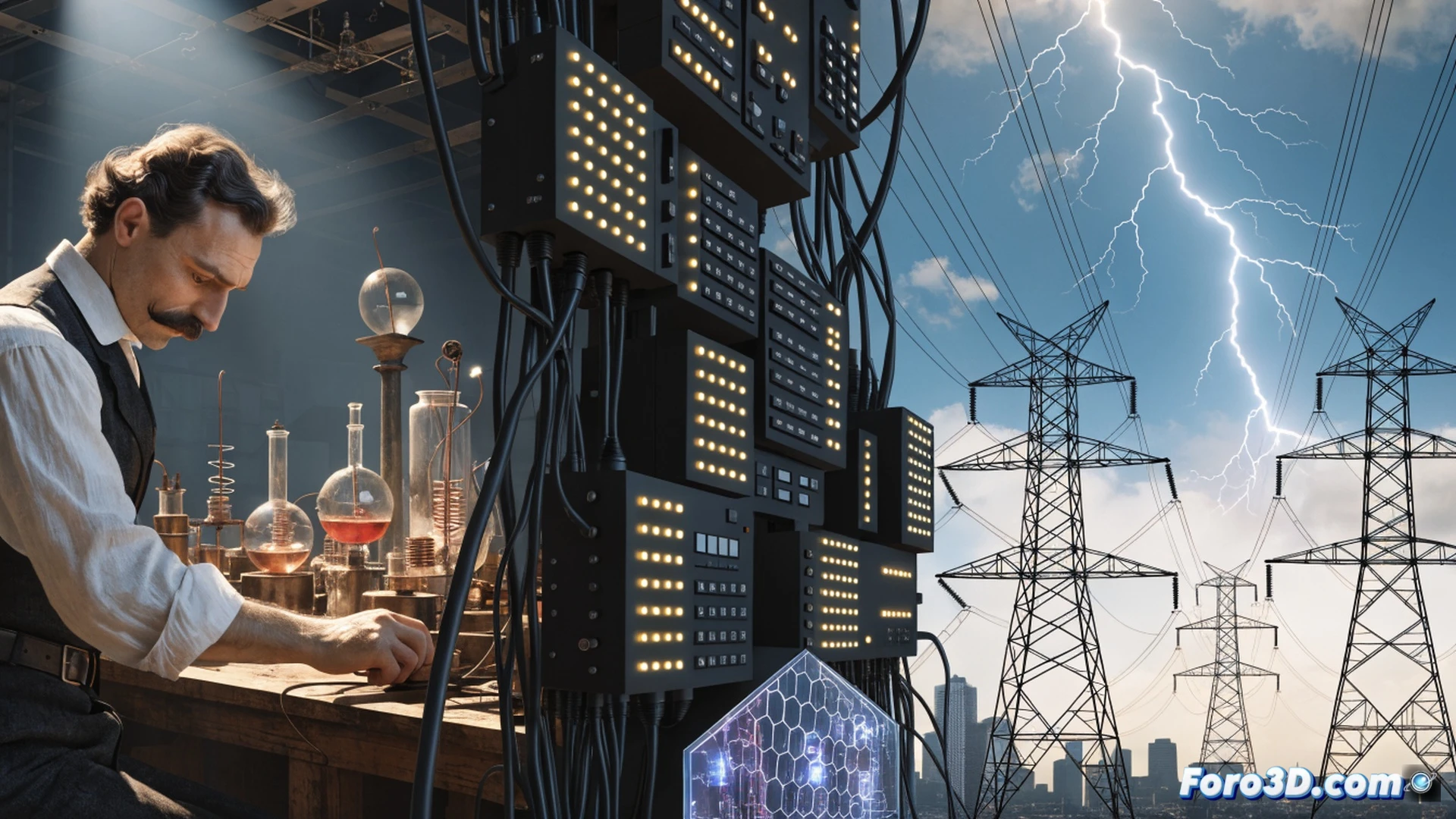 Cinematic engineering visualization of Nikola Tesla in his Colorado Springs laboratory, 1899, demonstrating a high-voltage electrical discharge from a massive Tesla coil, arcs of blue-white lightning striking across the room, sparks jumping between copper terminals, glowing vacuum tubes on workbenches, rotating magnetic field apparatus in background, mechanical oscillators and wire spools scattered on wooden tables, dramatic chiaroscuro lighting from electrical flashes, smoke haze from ozone, photorealistic period-accurate inventor attire, historical technical illustration style, ultra-detailed brass and copper components, steampunk industrial atmosphere