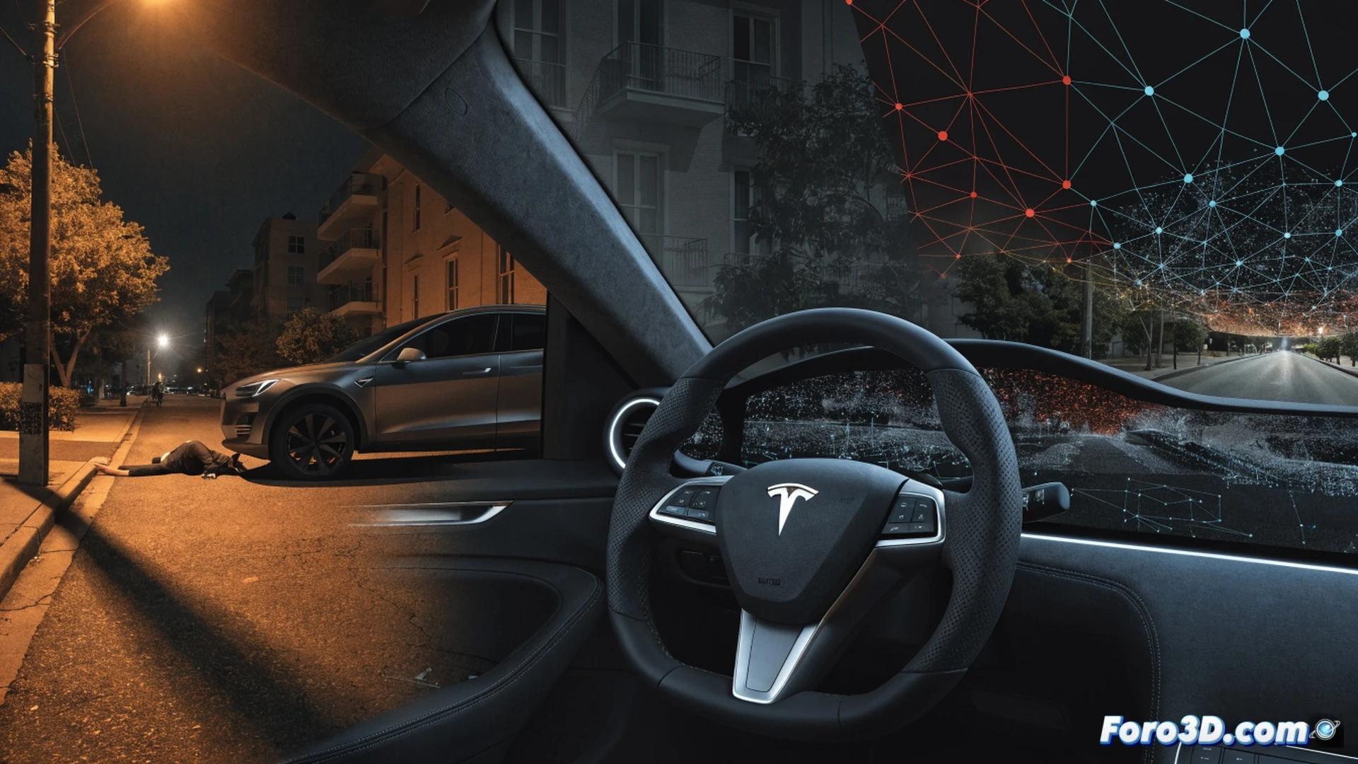 Photorealistic cinematic scene of a Tesla Model Y at night on a dimly lit Arizona road, dense fog reducing visibility, pedestrian silhouette crossing the street, vehicle’s front camera sensors and LiDAR scanning the scene, digital interface overlay showing FSD software warning indicators, red hazard lines tracing pedestrian path, brake system components highlighted with heat glow, NHTSA investigation document prop in foreground, dramatic low-angle lighting, metallic car body reflecting street lamps, ultra-detailed mechanical undercarriage, tense atmosphere, engineering visualization style, accident reconstruction aesthetic