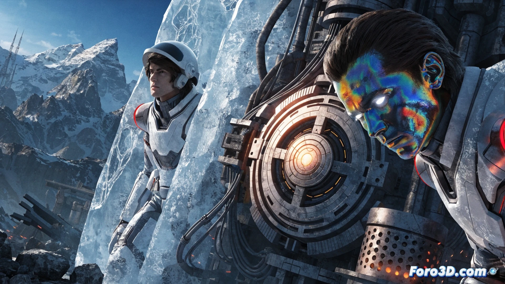 Científico clon en traje espacial operando consola de terraformación, múltiples versiones idénticas trabajando en equipo alrededor de un generador planetario, terremoto sacudiendo el suelo mientras grietas de radiación emergen del suelo, herramientas de análisis geológico y paneles holográficos mostrando datos de Oasis, durante una tormenta de partículas, estilo cinematográfico de ciencia ficción, iluminación dramática naranja y azul, texturas metálicas desgastadas, profundidad de campo, photorealistic technical illustration