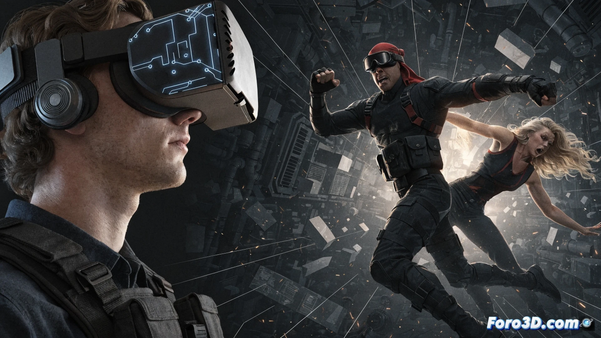A comic book style character from The Boys series wearing a VR headset and motion controllers in a dark living room, while a high-end gaming PC with glowing internal components is visible in the background, the player’s hands are shown pressing a trigger button on the controller, a holographic virtual interface with a red warning symbol floats in mid-air, realistic sweat on the player’s forehead, cinematic lighting with neon blue and red reflections on the skin, photorealistic technical illustration, dramatic shadows, ultra-detailed headset cables and ports, showing the moment of entering a violent virtual fight scene with blurry motion trails