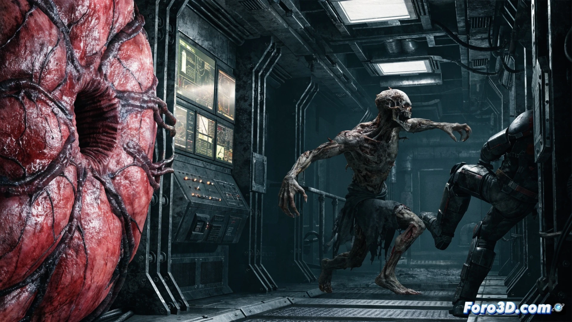 A prisoner in orange jumpsuit crawls backward through a dark prison corridor, a Biophage creature with distorted skin and glowing veins emerging from the shadows, drops of sweat on the prisoner face rendered with dynamic subsurface scattering, ZBrush sculpting details visible in the creature muscle fibers, Substance 3D Painter texture layers on the metal walls, Unreal Engine 4 custom lighting casting sharp shadows, photorealistic cinematic horror visualization, claustrophobic industrial pipes and rusted grates, motion blur during the creature lunge, hyper-detailed skin shaders, dramatic low-angle spotlight from a flickering ceiling lamp