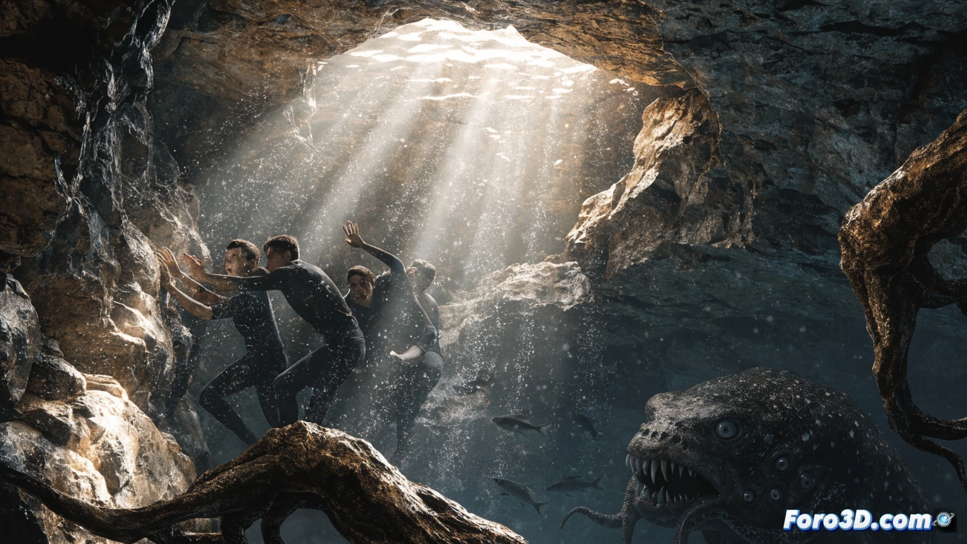 Grupo de jóvenes universitarios atrapados en cueva submarina tailandesa, linternas LED iluminando paredes de piedra caliza, burbujas de aire escapando de reguladores de buceo, oxígeno menguante mostrado en manómetros digitales rotos, un depredador marino sombrío emergiendo entre estalactitas, tensión visible en rostros mientras nadan desesperadamente hacia una grieta estrecha, estilo cinematográfico fotorrealista, iluminación azul verdosa dramática, partículas de sedimento suspendidas, texturas rugosas de roca, sensación de claustrofobia y pánico, ultra-detallado, terror submarino técnico.