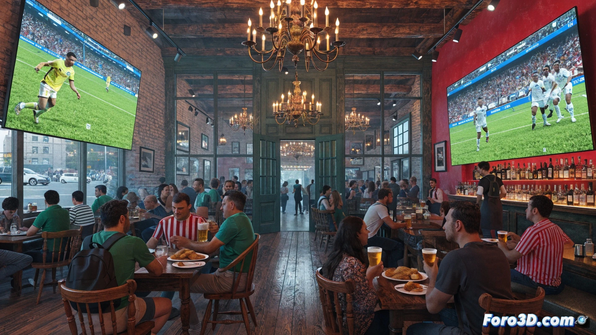 cinematic wide shot of a pub interior during a World Cup match, Mexican and English football fans cheering together, fish and chips baskets on wooden tables, pints of craft beer raised mid-toast, giant projection screens showing match action, bartenders pouring ale from taps, warm amber lighting, red phone booth and Union Jack decor blending with Mexican papel picado banners, photorealistic, motion blur on celebrating hands, glowing screen reflections on faces, convivial atmosphere, technical illustration style