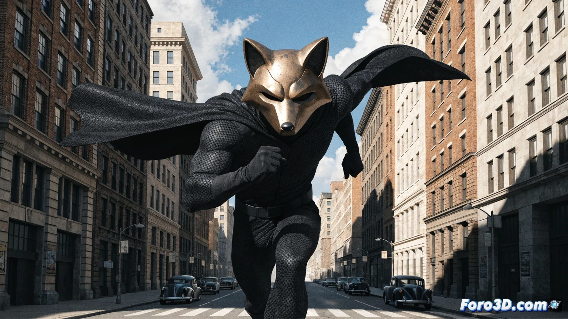 Golden age comic book scene, The Fox superhero in 1940s urban alleyway, wearing orange fur suit with mask and utility belt, performing acrobatic leap over a speeding vintage automobile, demonstrating agility and cunning, no superpowers, relying on physical prowess, dynamic action pose mid-air, dramatic noir shadows, cinematic retro comic style, high contrast lighting, gritty city street at night, wet pavement reflecting neon glow, period-accurate architecture, Jack Kirby inspired bold linework and dynamic angles, photorealistic technical illustration, hyper-detailed costume textures, motion blur on car headlights, dust particles illuminated, intense storytelling composition