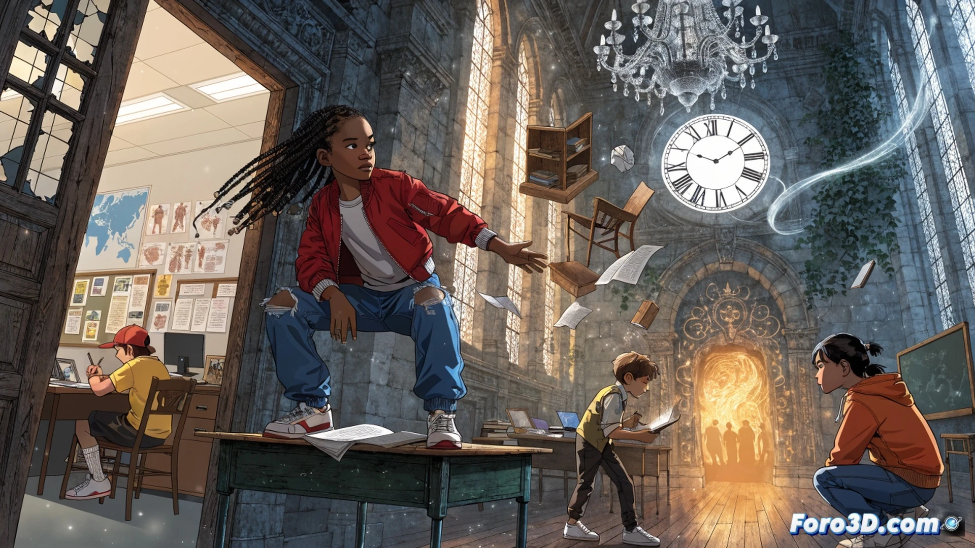 three children ages 11-12, one using a glowing tablet device to project a holographic map, another adjusting a mechanical clockwork compass, the third pointing at a shimmering portal opening in a school hallway, action demonstrating discovery of a magical world during a time loop, cinematic visualization, warm golden light spilling from the portal contrasting with cool fluorescent school lights, dust particles suspended in mid-air, children wearing diverse casual clothing, backpacks on floor, lockers on both sides, one child holding a small crystalline object emitting light, photorealistic technical render, dramatic storytelling composition, shallow depth of field focusing on the portal and children