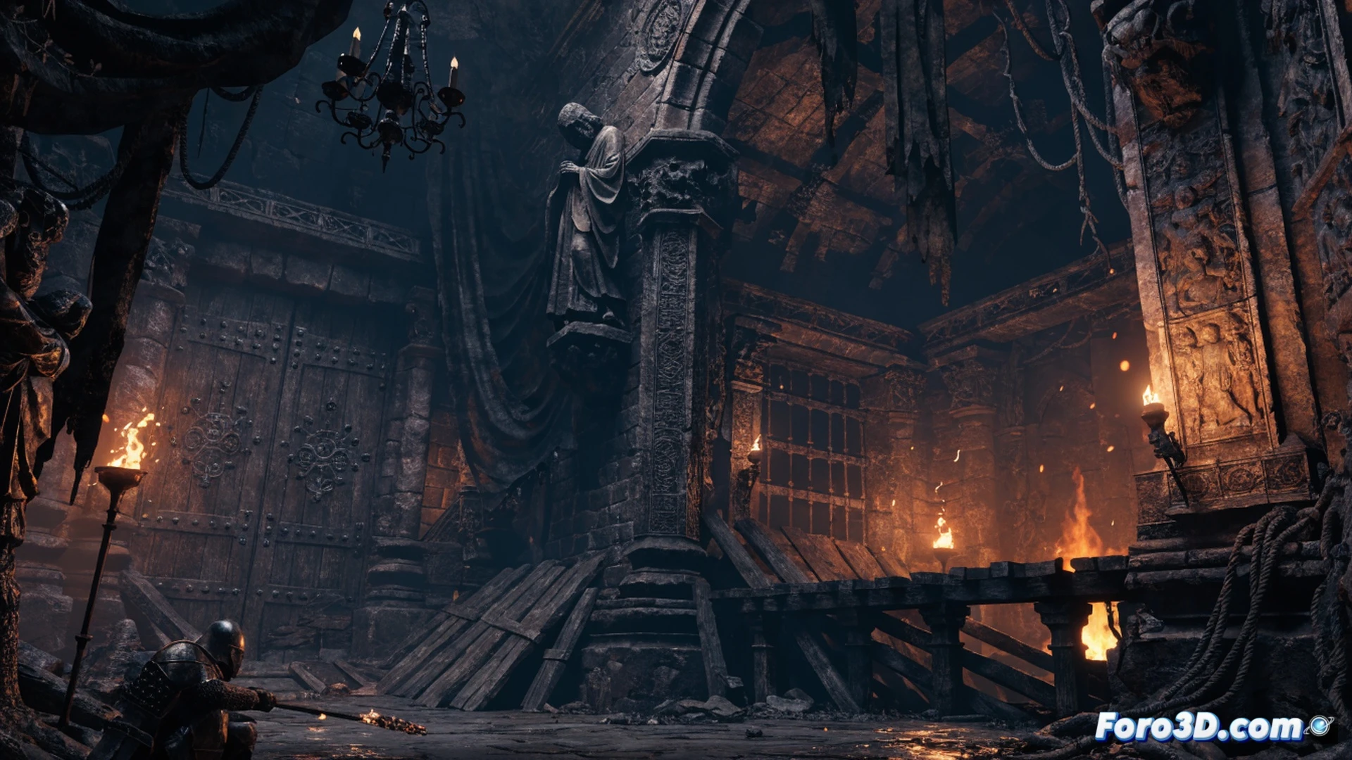medieval inquisitor walking through stone cathedral corridor, torch flames casting harsh shadows on gothic arches, Unity engine debug overlay visible on edge showing real-time lighting calculations, dark religious atmosphere with heavy wooden doors and iron chains, cinematic dark fantasy visualization, volumetric fog from incense braziers, sharp contrast between fire glow and deep shadows, photorealistic render with dramatic chiaroscuro lighting, character armor reflecting orange firelight, claustrophobic stone walls closing in, technical game development scene
