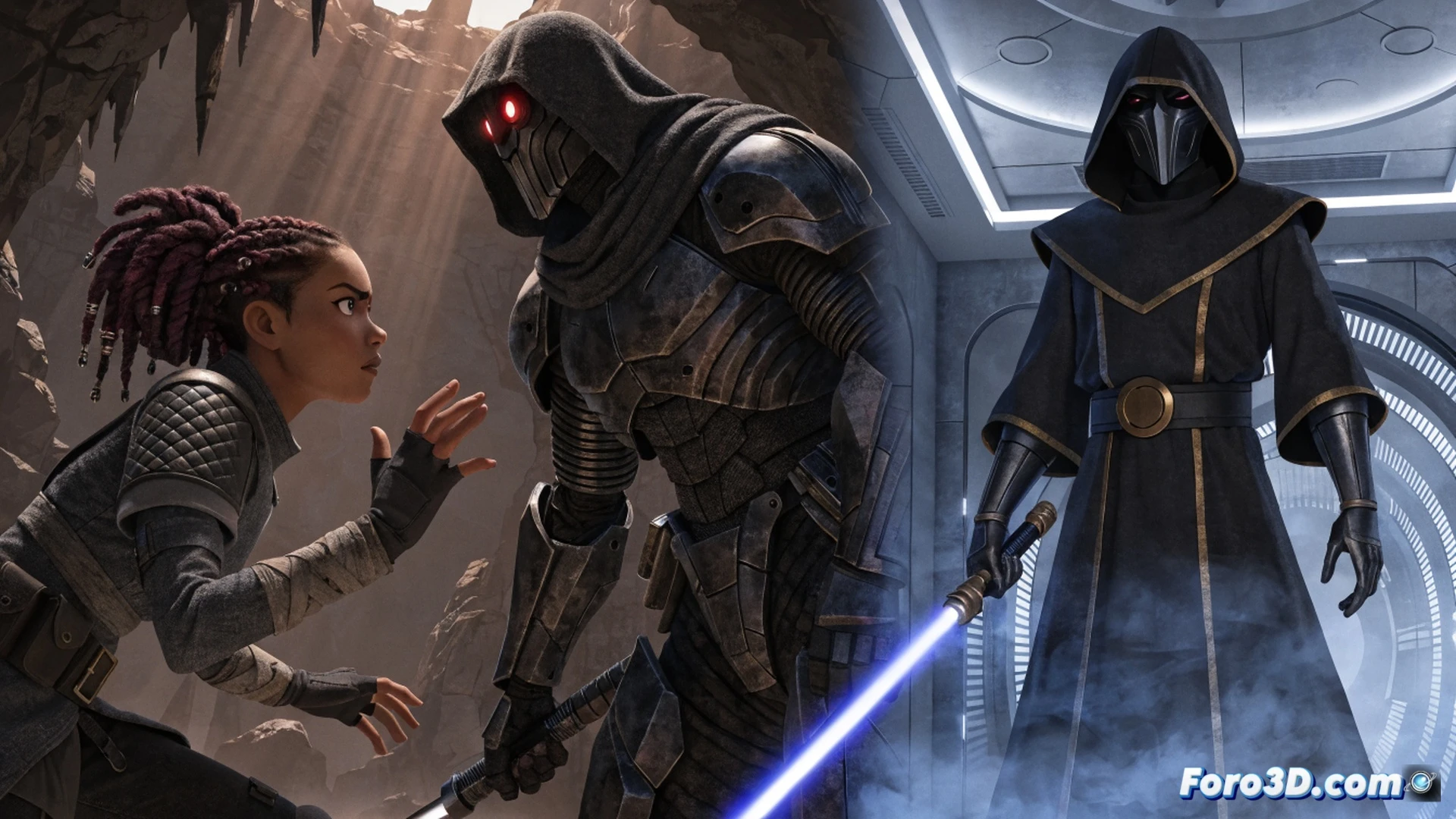 young woman in Jedi robes igniting a blue lightsaber while dodging a blaster bolt from a hooded hunter, ancient temple ruins with holographic star maps flickering behind her, fallen Jedi corpse clutching a broken hilt, cinematic action scene, dramatic side lighting, smoke and dust particles suspended in mid-air, photorealistic technical illustration, glowing cyan blade casting reflections on metallic floor debris, high-contrast shadows, dynamic combat pose, ultra-detailed fabric textures, cinematic depth of field