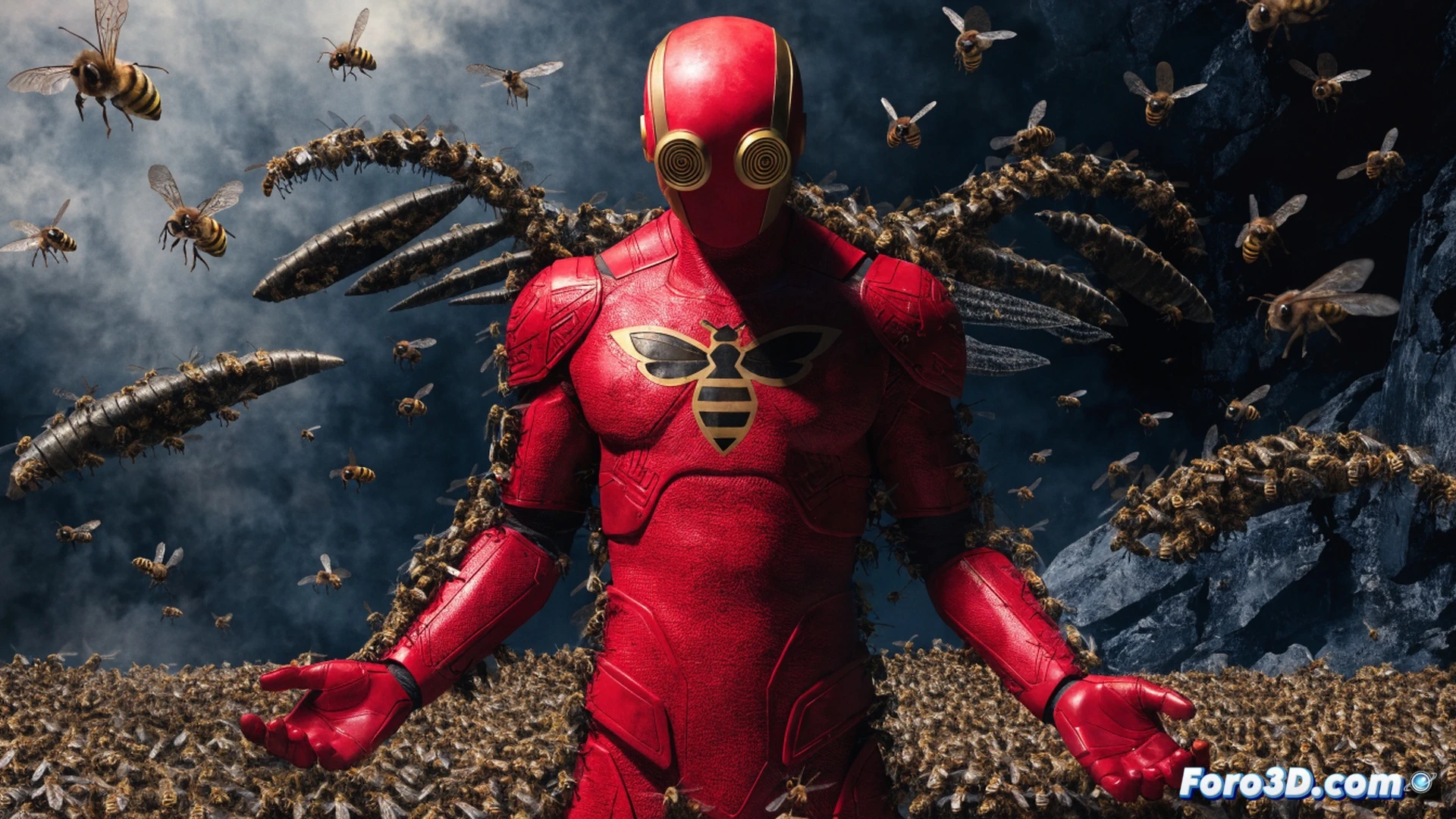 Retro comic book hero in vintage red costume with bee emblem, standing on a 1940s city rooftop at dusk, releasing a swarm of trained bees toward a fleeing villain below, mechanical beehive device strapped to his belt with tiny antennae and glowing amber lights, bees forming a coordinated attack pattern like a living weapon, cinematic pulp-era illustration style, dramatic golden hour lighting, deep shadows, textured paper grain effect, motion lines showing bee trajectories, vintage neon signs reflecting on wet pavement, photorealistic technical render with comic book aesthetic