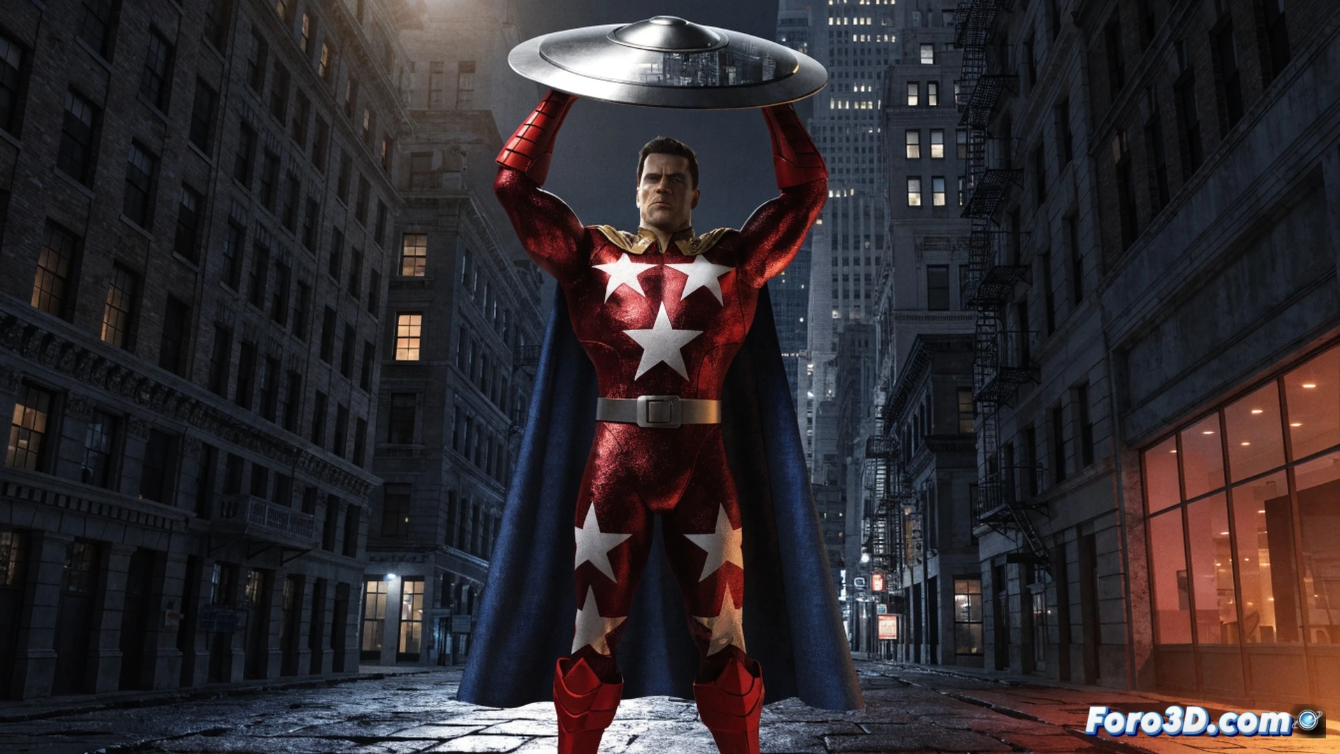 Golden-age superhero in star-spangled costume leaping forward with patriotic shield raised, government agent badge visible on belt, vintage 1940s comic art style, dynamic action pose, shield deflecting glowing energy beams, dusty archive room background with old comic boxes and forgotten memorabilia, cinematic lighting casting dramatic shadows, worn leather gloves gripping shield edge, faded red white and blue fabric texture, photorealistic illustration with comic book influence, ultra-detailed costume stitching and metal shield reflections, nostalgic heroic atmosphere