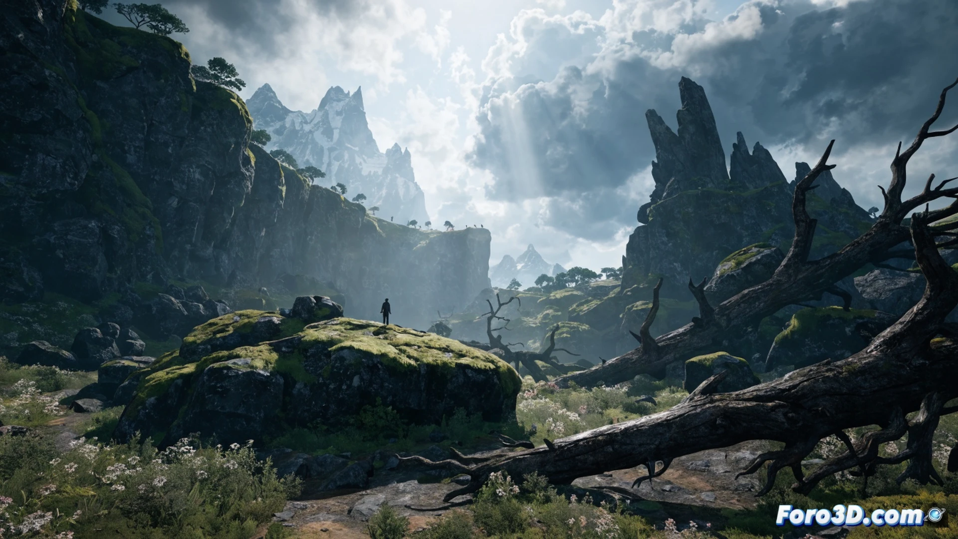 Geralt frente a un denso bosque continental bajo tormenta, espada plateada levantada mientras hojas y nieve son arrastradas por ráfagas de viento dinámico, sistema Lumen iluminando reflejos en charcos y armadura, Unreal Engine 5 editor UI superpuesta mostrando nodos de vegetación y partículas climáticas en tiempo real, cinematic photorealistic fantasy scene, dramatic storm clouds con rayos distantes, ultra-detailed foliage con movimiento procedural, nieve acumulándose en rocas durante la acción, brillo metálico en armadura y filo de espada, oscuridad contrastada con luz azulada de tormenta, demostrando integración técnica de clima y vegetación