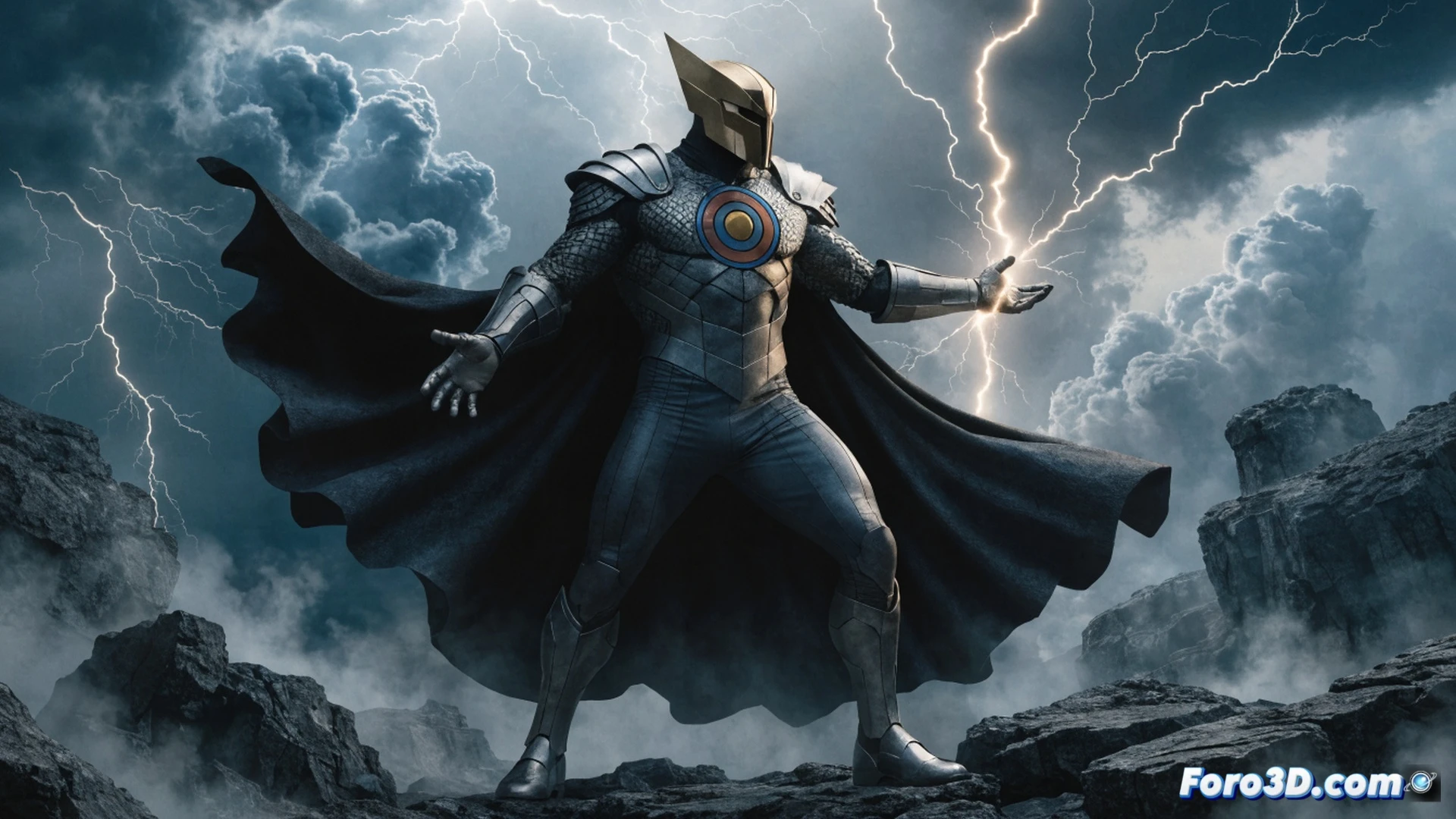 Thunderlord superhero figure standing atop a 1970s city rooftop at night, a mystical lightning bolt striking his chest and transforming his civilian clothes into a crimson-and-gold costume, electrical arcs crackling around his fists while he clenches them in combat stance, vintage comic book panel layout with halftone dots visible, retro printing texture, dramatic storm clouds above, cinematic heroic lighting, isolated forgotten hero atmosphere, photorealistic comic book illustration style