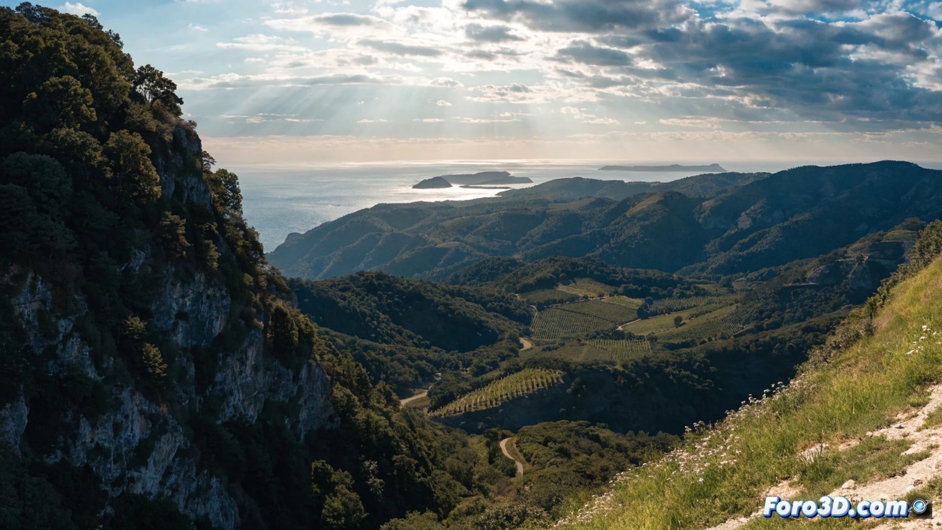 aerial view of Tiana village surrounded by green vineyards and dense Mediterranean forest, a small car driving on a winding road from Santa Coloma towards the town, morning sunlight casting long shadows across terraced hillsides, distant blue sea horizon visible, hikers walking along a dirt path through oak trees, clean air visualised with soft atmospheric haze, photorealistic landscape photography style, cinematic depth of field, warm golden hour lighting, ultra-detailed vegetation textures, tranquil rural escape scene