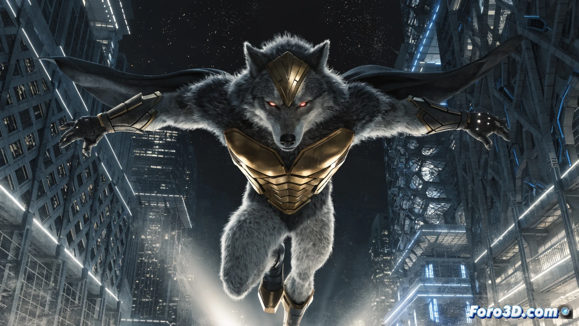 Brin Londo as Timber Wolf mid-leap across a futuristic Legion headquarters rooftop, claws extended while dodging an energy blast, enhanced senses shown via glowing blue aura around his eyes, metallic fur texture on his costume catching neon light, abandoned data terminals flickering in background, cinematic comic-book style with dramatic shadows, photorealistic render, dynamic motion blur, sparks from energy impact, weathered urban sci-fi setting, isolated lone wolf stance, ultra-detailed fabric and metal textures, high-contrast lighting emphasizing his solitary disappearance from the superhero radar