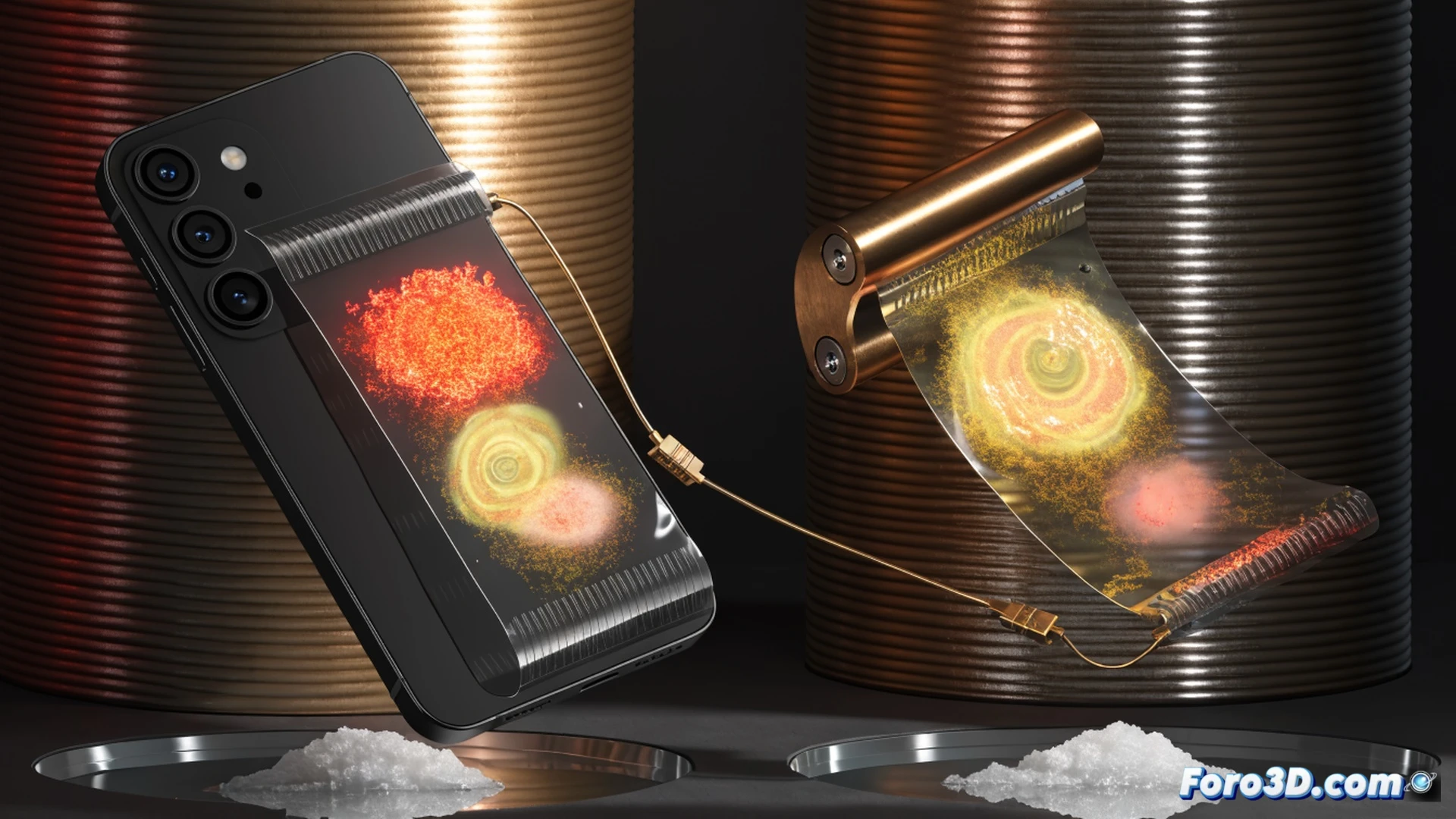 flexible electrochemical sensor strip being inserted into a smartphone audio jack, a hand holding the strip while drops of water sample fall onto its gold-plated electrodes from a pipette, smartphone screen displaying a real-time graph with a peak indicating heavy metal concentration, glowing blue and red lines on the sensor surface representing electrochemical reaction, technical engineering visualization, photorealistic render, macro lens perspective, dramatic side lighting, reflective liquid surface, metallic sheen on electrodes, detailed circuit traces visible on flexible substrate, clean laboratory background with blurred ambient light