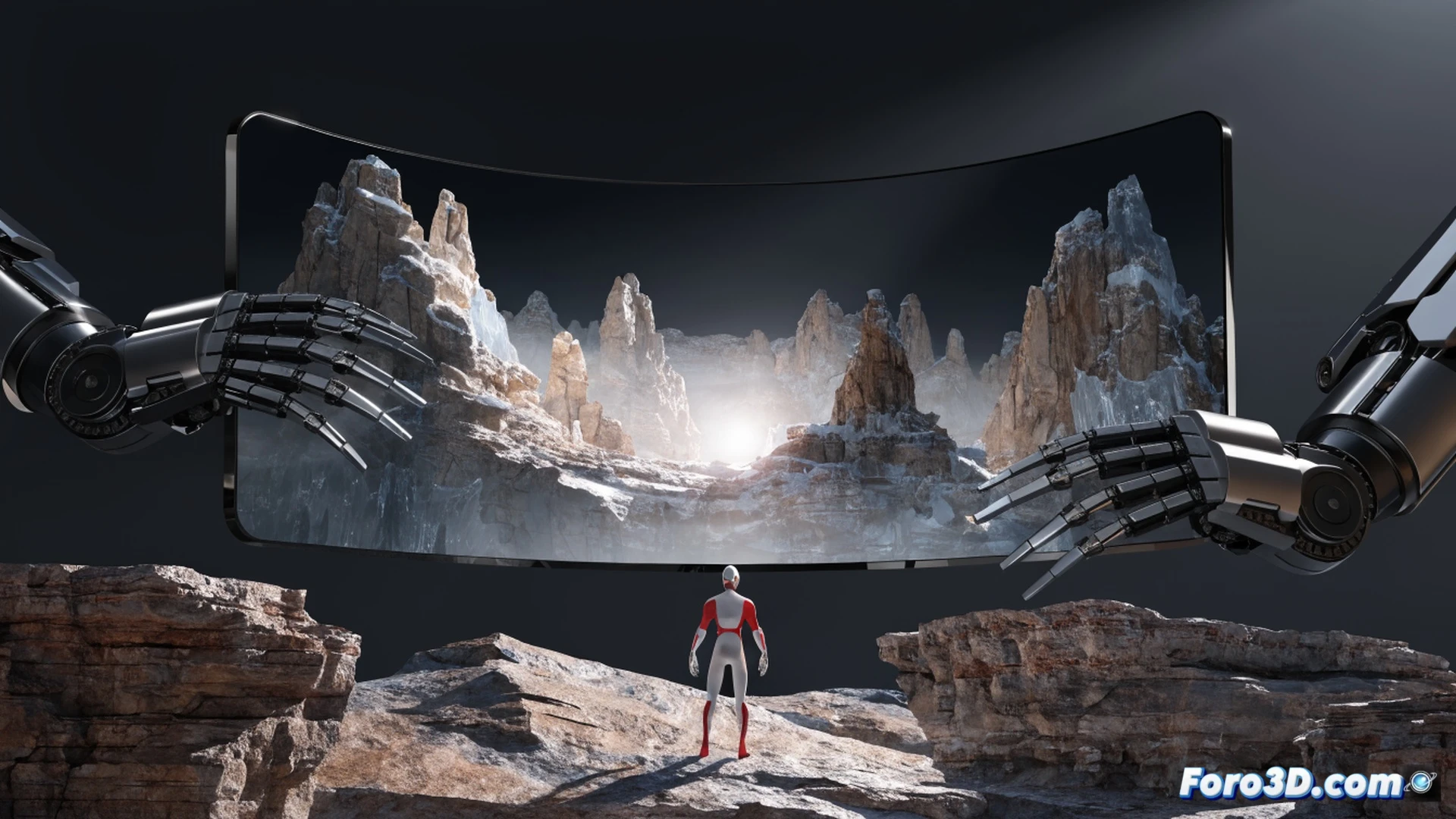 Cinematic shot of a modern gaming monitor displaying a hyper-realistic 3D landscape without glasses, intense 2000-nit brightness emitting visible light rays, a gamer wearing a headset leaning forward while adjusting brightness settings on an on-screen menu, monitor cooling vents glowing with heat, desk surface reflecting the bright display, photorealistic technical illustration, dramatic high-contrast lighting, sharp HDR details, deep shadows around the monitor edges, ultra-detailed screen pixels showing depth effect.