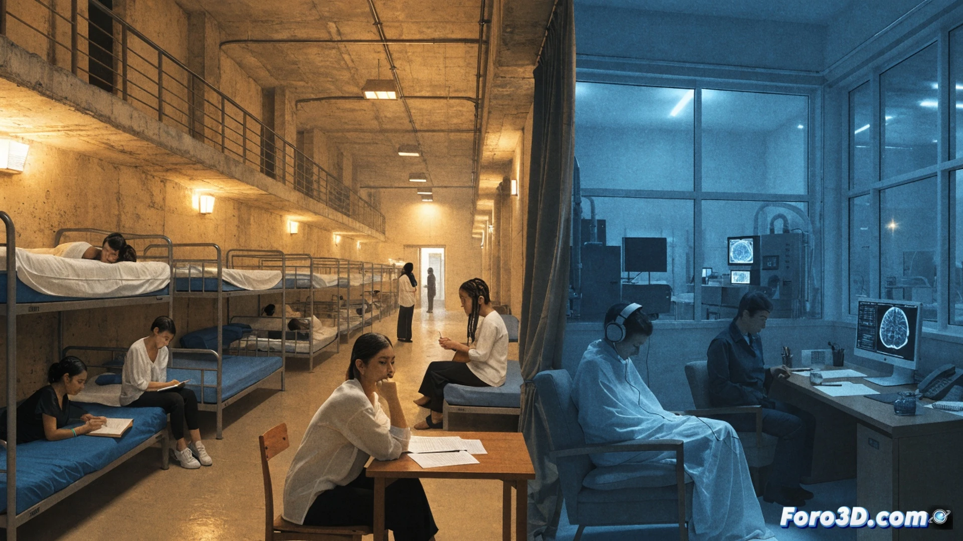 prisión femenina de Tochigi, pasillo iluminado con luz fría, guardias uniformadas escoltando a reclusas de diferentes nacionalidades, una interna asiática y otra caucásica conversando en el patio durante el ejercicio, psicóloga realizando entrevista individual en oficina con expedientes médicos visibles, mostrando tensión y diversidad cultural, estilo cinematográfico fotorrealista, iluminación dramática con sombras marcadas, detalles en uniformes grises y rejas metálicas, atmósfera institucional y emocionalmente cargada, ultra-detallado