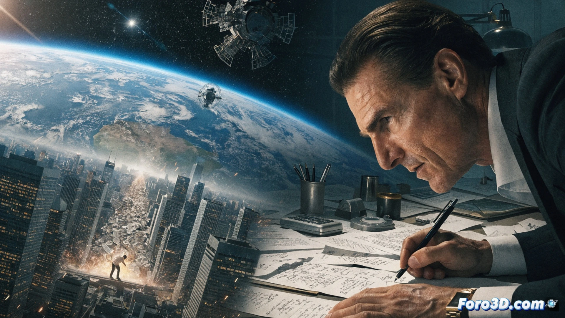 Alejandro Iñárritu y Tom Cruise en estudio de edición cinematográfica, monitor mostrando metraje de explosión satírica en corporación de vidrio, Cruise señalando pantalla mientras Iñárritu ajusta efectos visuales, empresario de traje y casco de seguridad sosteniendo un martillo de demolición, cables y discos duros abiertos sobre mesa, estación de trabajo con software de postproducción, luces rojas de advertencia parpadeando, estilo cinematic photorealistic, iluminación dramática de estudio, reflejos en superficies metálicas y pantallas, composición dinámica con acción de señalización y ajuste técnico