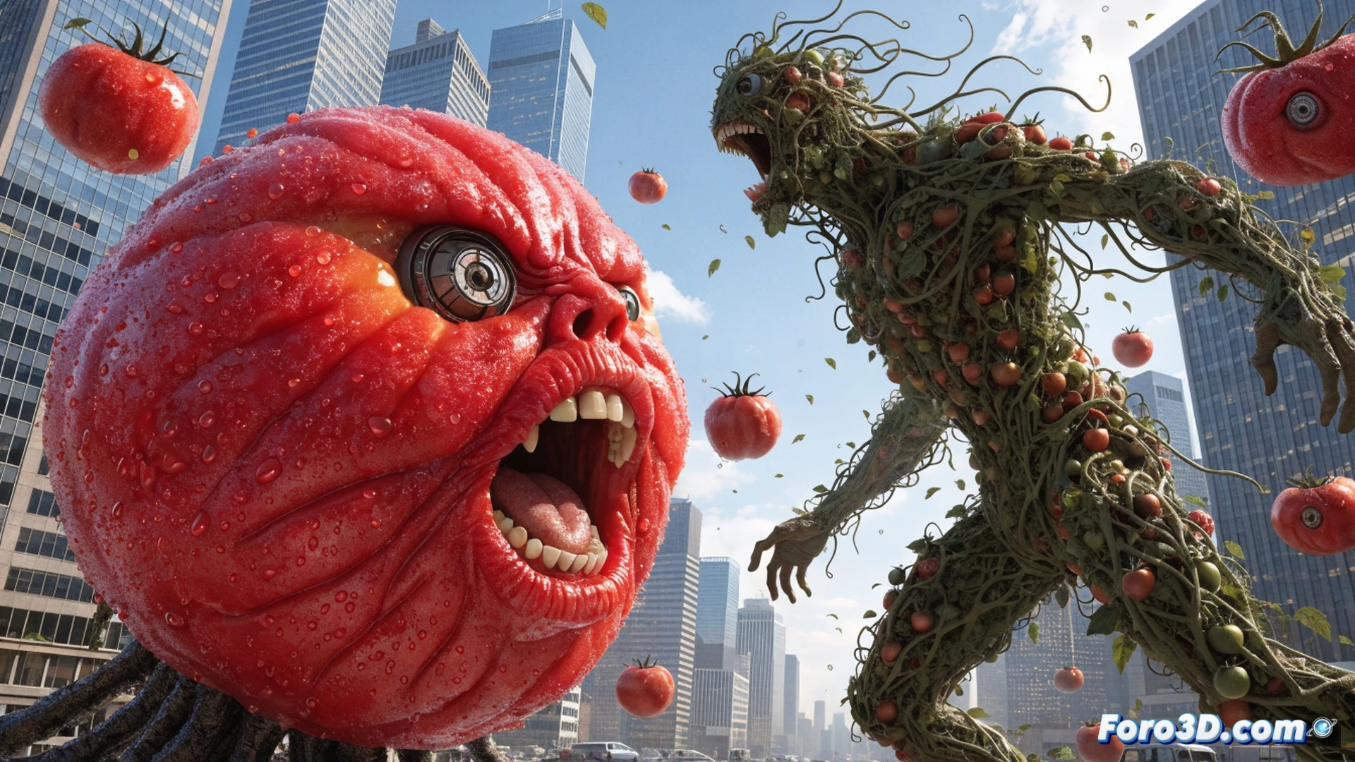 cinematic scene of oversized red tomatoes with mechanical tendrils attacking a movie theater projection booth, film projector reel spinning wildly while tomato tentacles wrap around a mixing console, vintage cinema seats in chaos, retro sci-fi lighting with neon red and green glows, photorealistic render, dramatic motion blur as tomatoes burst through screen, technical detail showing projector lens and audio equipment being overwhelmed, absurd horror-comedy aesthetic, ultra-detailed organic-mechanical hybrid textures, dynamic action with tomatoes mid-leap toward audience