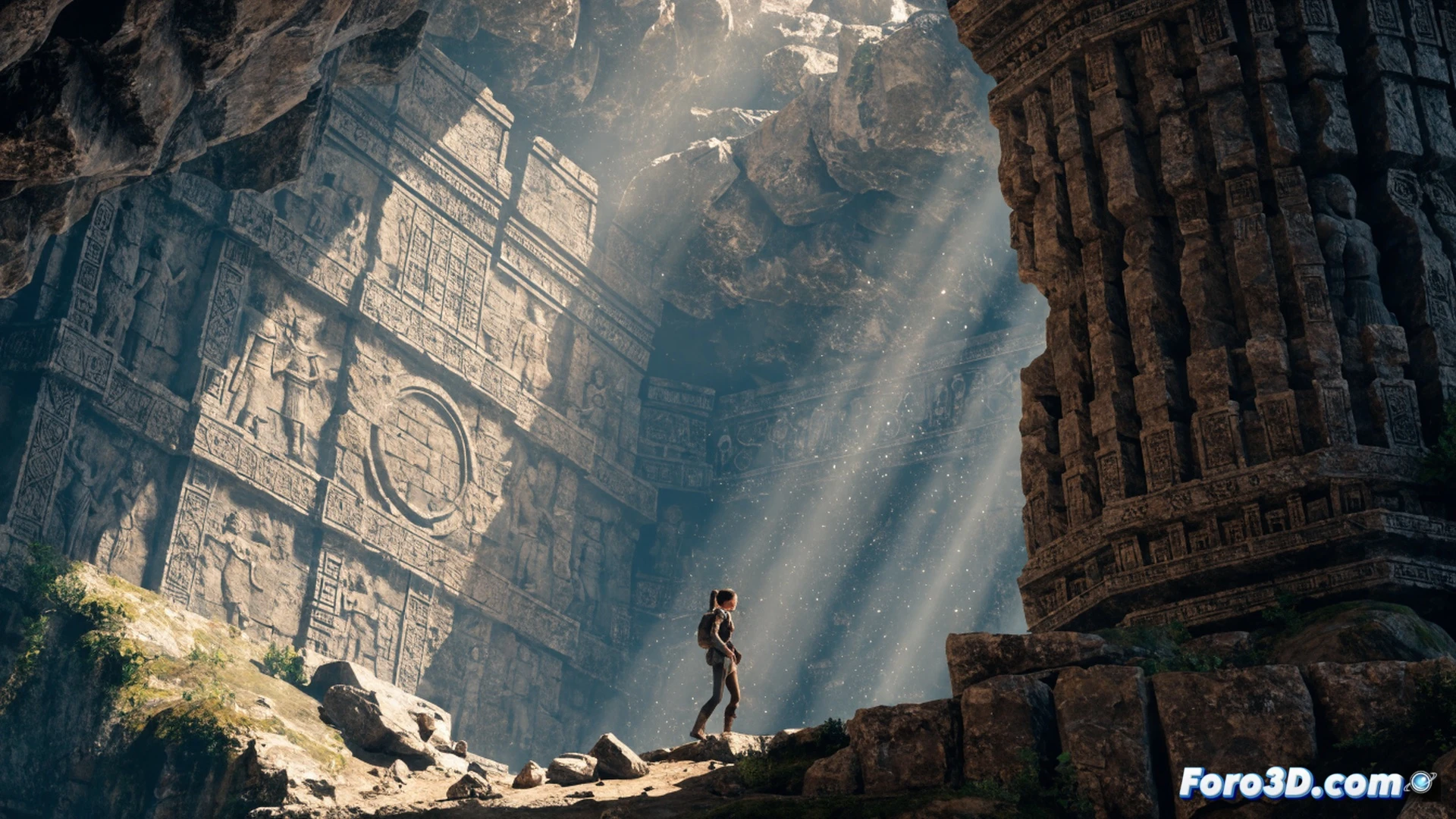ancient temple wall crumbling under Lara Croft's pickaxe impact, Unreal Engine 5 Nanite geometry shattering into thousands of individual stone fragments, Lumen global illumination casting dynamic shadows across moss-covered ruins, Lara's climbing axe lodged in a fissure while her other hand reaches for a glowing relic, cinematic photorealistic technical illustration, debris particles interacting with volumetric god rays, hyper-detailed rock textures with micro-fractures and organic cave formations, dramatic chiaroscuro lighting, real-time physics simulation of dust motes floating in torchlight, Crystal Dynamics logo subtly embedded in the stone texture as an easter egg