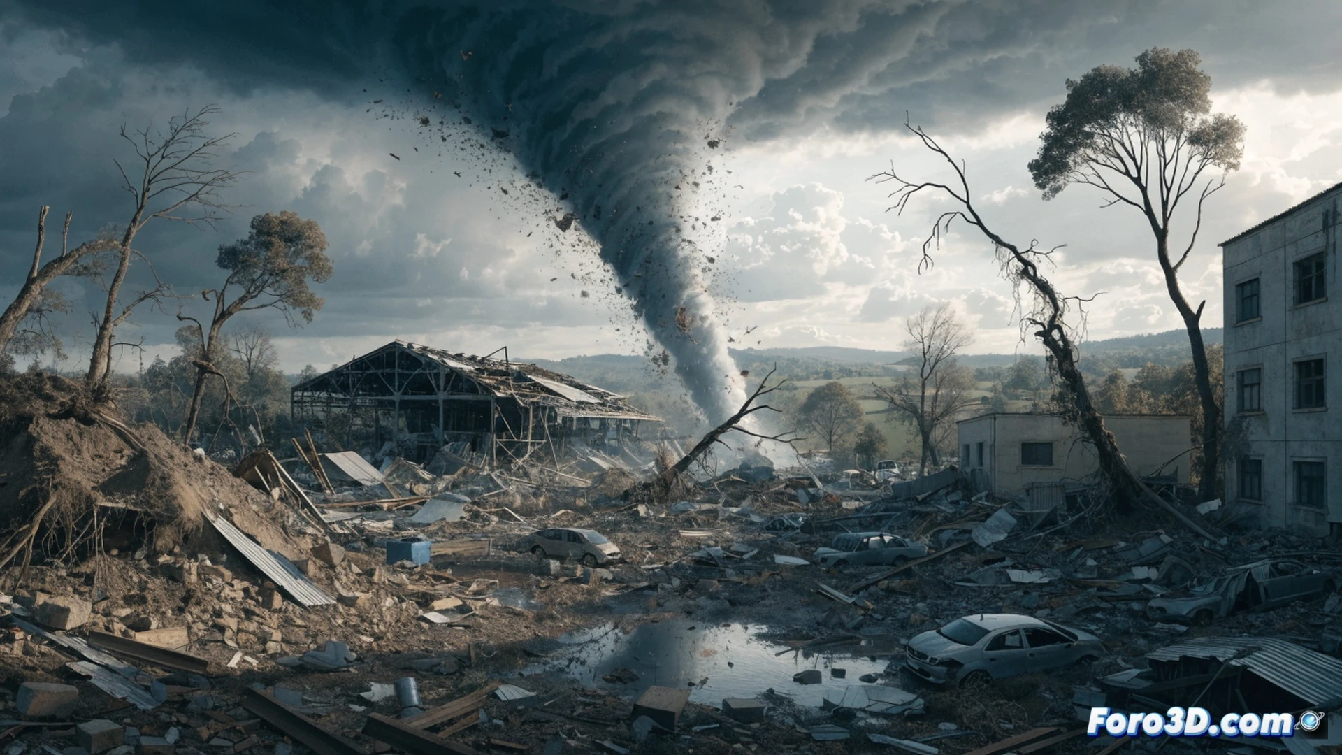 Industrial warehouse collapse aftermath, twisted metal beams and broken concrete slabs scattered across the ground, a large tornado funnel visible in the distant grey sky, debris swirling in the air, a forensic engineer in protective gear examining a fractured steel column with a digital caliper and tablet, structural failure analysis diagram overlaid on the scene, highlighted stress fracture lines and wind load vectors, photorealistic cinematic visualization, dramatic storm lighting, dark clouds, wet ground reflecting faint light, ultra-detailed textures of torn metal and shattered insulation, technical engineering illustration style