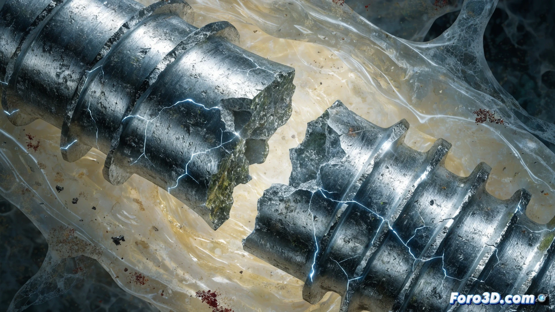 tornillo de osteosíntesis fracturándose en dos mitades limpias dentro de un hueso humano seccionado, entorno biológico ácido representado por burbujas microscópicas y líquido corrosivo verde-amarillento atacando la superficie metálica, modelo 3D del tornillo renderizado con malla de elementos finitos en Abaqus superpuesta, grietas propagándose desde el vástago bajo tensión mecánica visible en líneas de esfuerzo rojas y azules, interfaz de 3D Slicer mostrando reconstrucción volumétrica del hueso en segundo plano, iluminación quirúrgica fría sobre fondo negro, estilo visualization engineering photorealistic, detalle de rugosidad en superficie de fractura, acción de rotura en curso durante carga constante