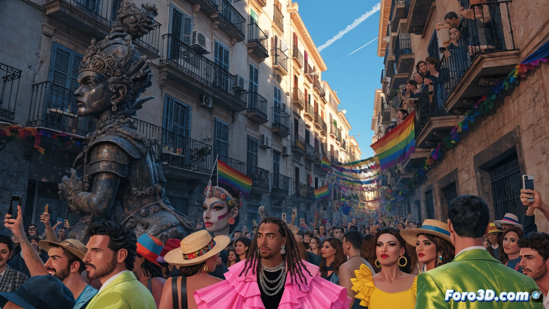 fallera mayor candidates presenting portfolios to jury in valencian town hall, rainbow flag draped over baroque balustrade while committee members examine traditional costumes and modern lgbt pins, paper documents and digital tablets on oak table, sunlight streaming through arched windows illuminating diverse group of applicants, cinematic photorealistic render, warm golden hour lighting, detailed embroidery on silk dresses, subtle pride colors in architectural shadows, festive yet formal atmosphere, ultra-realistic textures on wood and fabric