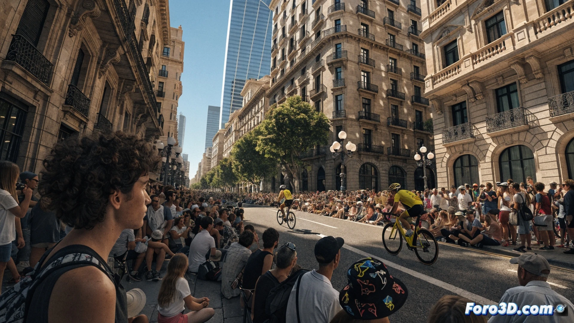 fisioterapeuta mexicano ajustando casco a su hijo frente al Arco del Triunfo de Barcelona, multitud de aficionados globales con banderas del Tour de Francia, niños corriendo con libretas de autógrafos mientras ciclistas profesionales pasan en bicicleta, calor visible por ondas de calor en el asfalto, mochilas técnicas con hidratación, gafas de sol deportivas, cámara réflex colgada al cuello de un padre, fondo de edificios modernistas, estilo cinematográfico fotorrealista, luz dorada de tarde, alta saturación, acción de familias disfrutando el evento gratuito, turismo y pedaladas convergiendo.