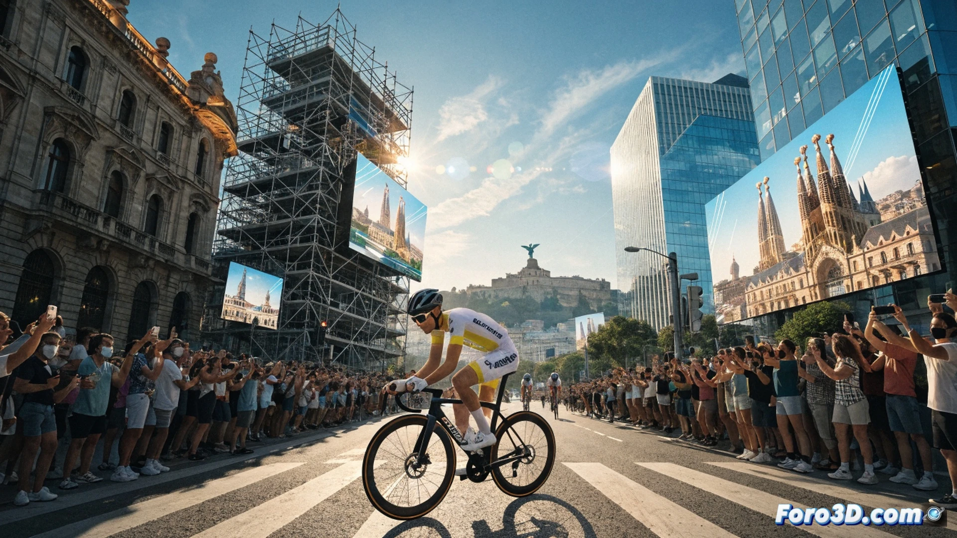 pro cycling team time trial on Barcelona streets, carbon disc wheels spinning at high speed, aerodynamic helmets and skin suits reflecting city lights, Juan Ayuso leading a tight paceline near Montjuïc climb, gradient steepens ahead, bike frames flexing under power, chainrings and derailleurs in motion, handlebars and aero bars positioned for maximum efficiency, cinematic photorealistic sports visualization, dramatic golden hour sunlight casting long shadows, motion blur on background buildings and crowd barriers, sweat droplets and road texture visible, ultra-detailed carbon fiber weave and tire rubber, high-contrast dynamic lighting