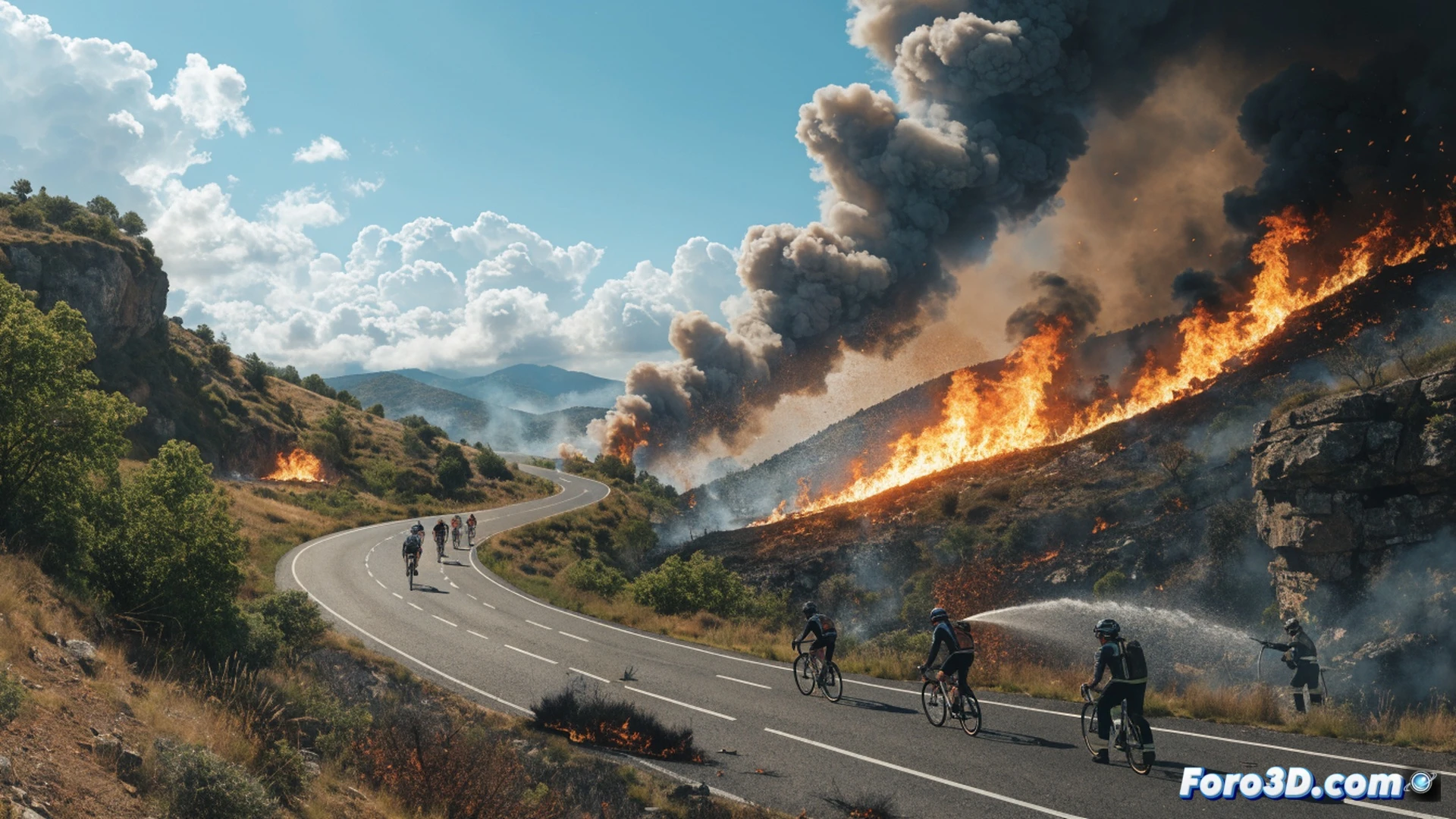 Tour de France cyclists racing on a narrow mountain road, thick smoke from forest fires drifting across the asphalt, empty roadside barriers with no spectators, cyclists leaning into a sharp turn while ash particles float in the air, emergency vehicles parked at a distance with flashing lights, cinematic photorealistic style, dramatic orange-gray sky from wildfire haze, motion blur on spinning wheels, heat shimmer distorting the background, ultra-detailed bike frames and helmets, tense atmosphere emphasizing safety over spectacle