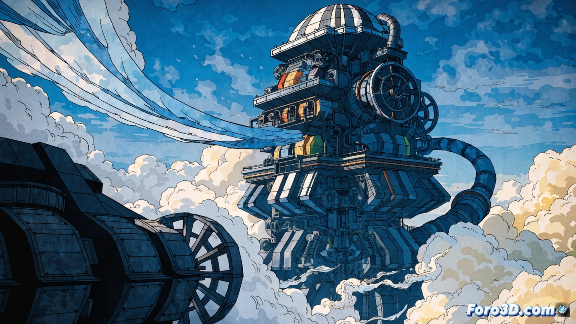 Unreal Engine 5 editor interface on a monitor displaying a 2D animated character mid-jump, watercolor brush strokes blending with comic ink outlines, a 3D fantasy village background with vibrant lighting and flat shading, a digital stylus pen hovering over a graphics tablet, real-time rendering process showing particle effects and soft shadows, cinematic game development visualization, glowing blue wireframe overlays, art station workspace with reference sketches, dramatic warm ambient light, photorealistic technical illustration